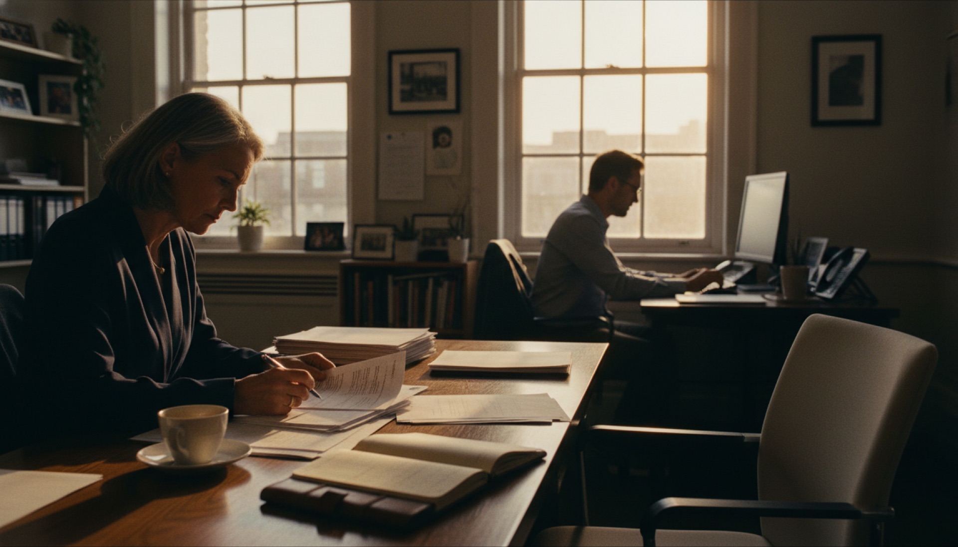 A professional reviewing documents at a desk in a well-lit office, with a colleague working in the background