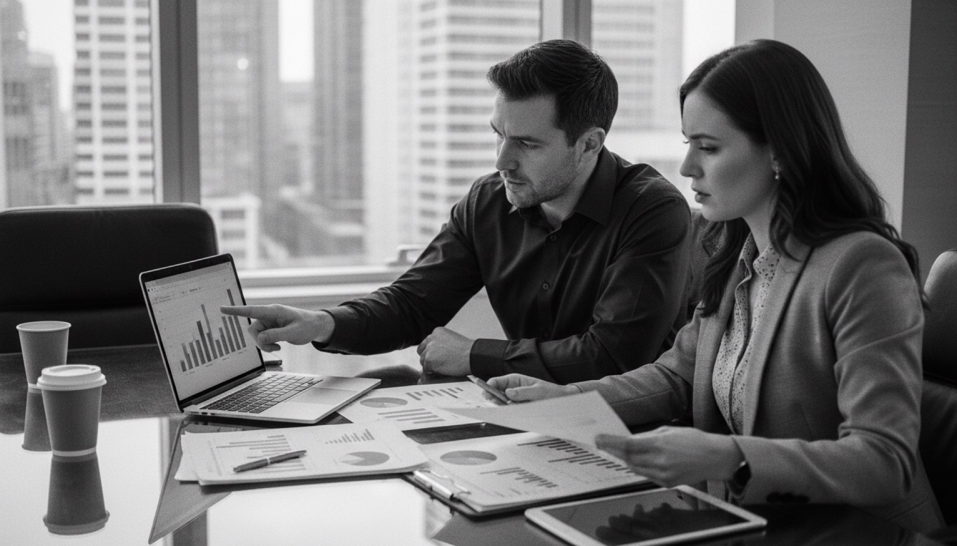 Two professionals reviewing documents and data at a conference table in a modern office