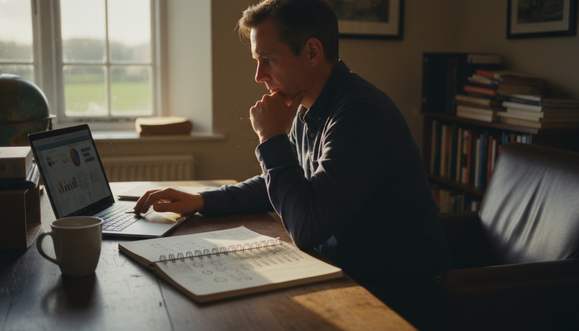 A person reviewing data visualisations on a laptop at a wooden desk with handwritten notes and a coffee cup nearby