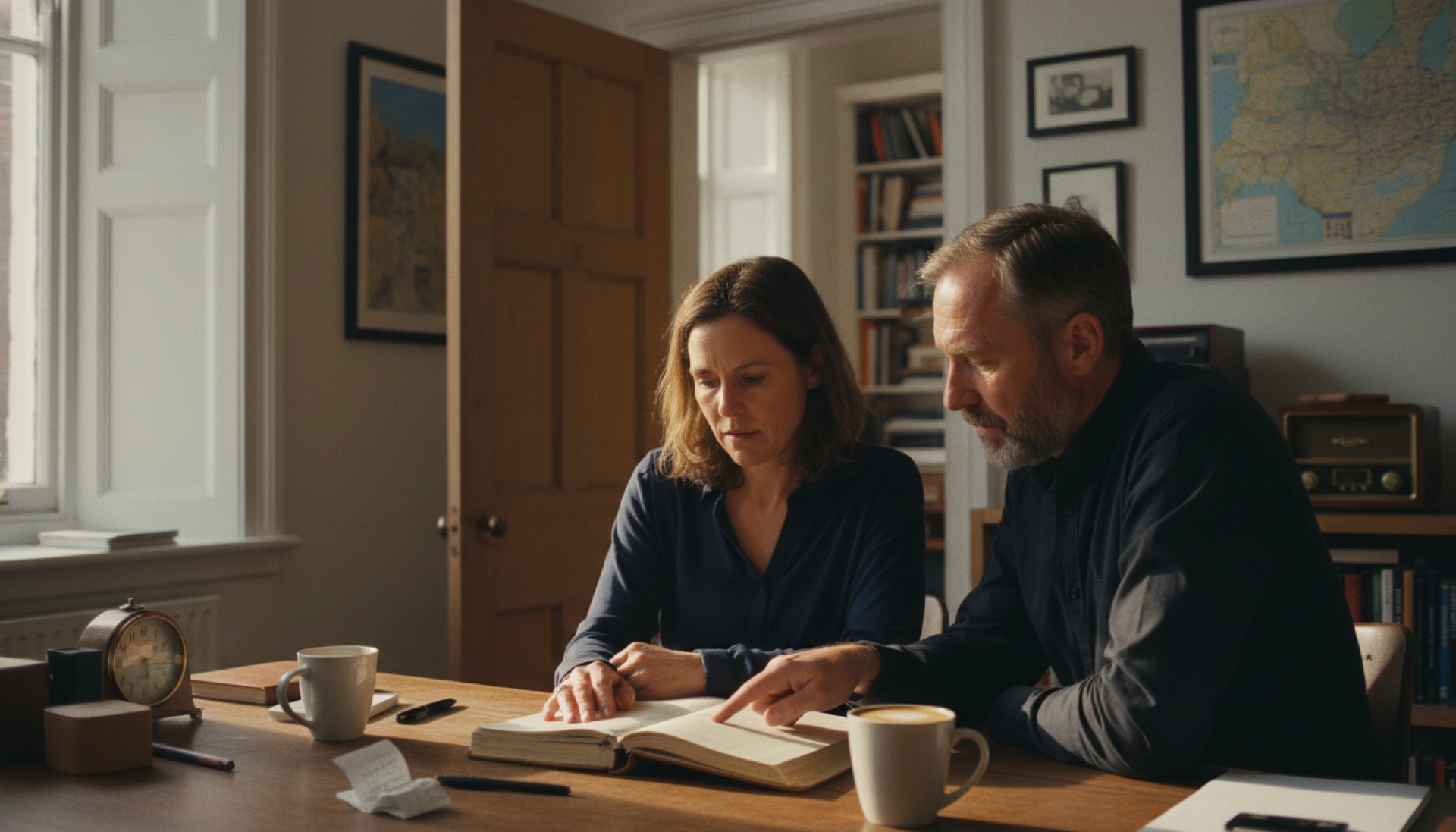A founder at a desk with a notebook talking with a colleague who is standing beside them