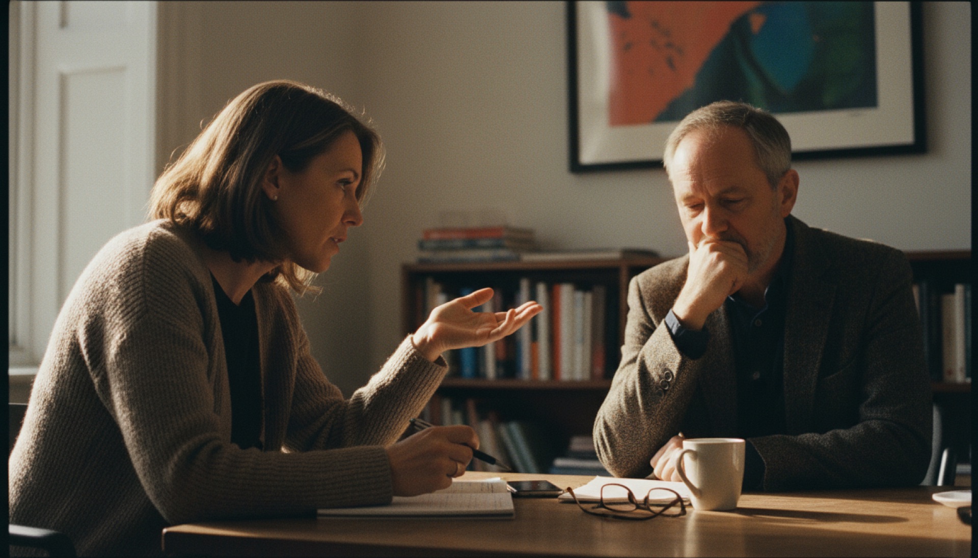 Two people sitting across a small meeting table in an office, one writing notes while both talk