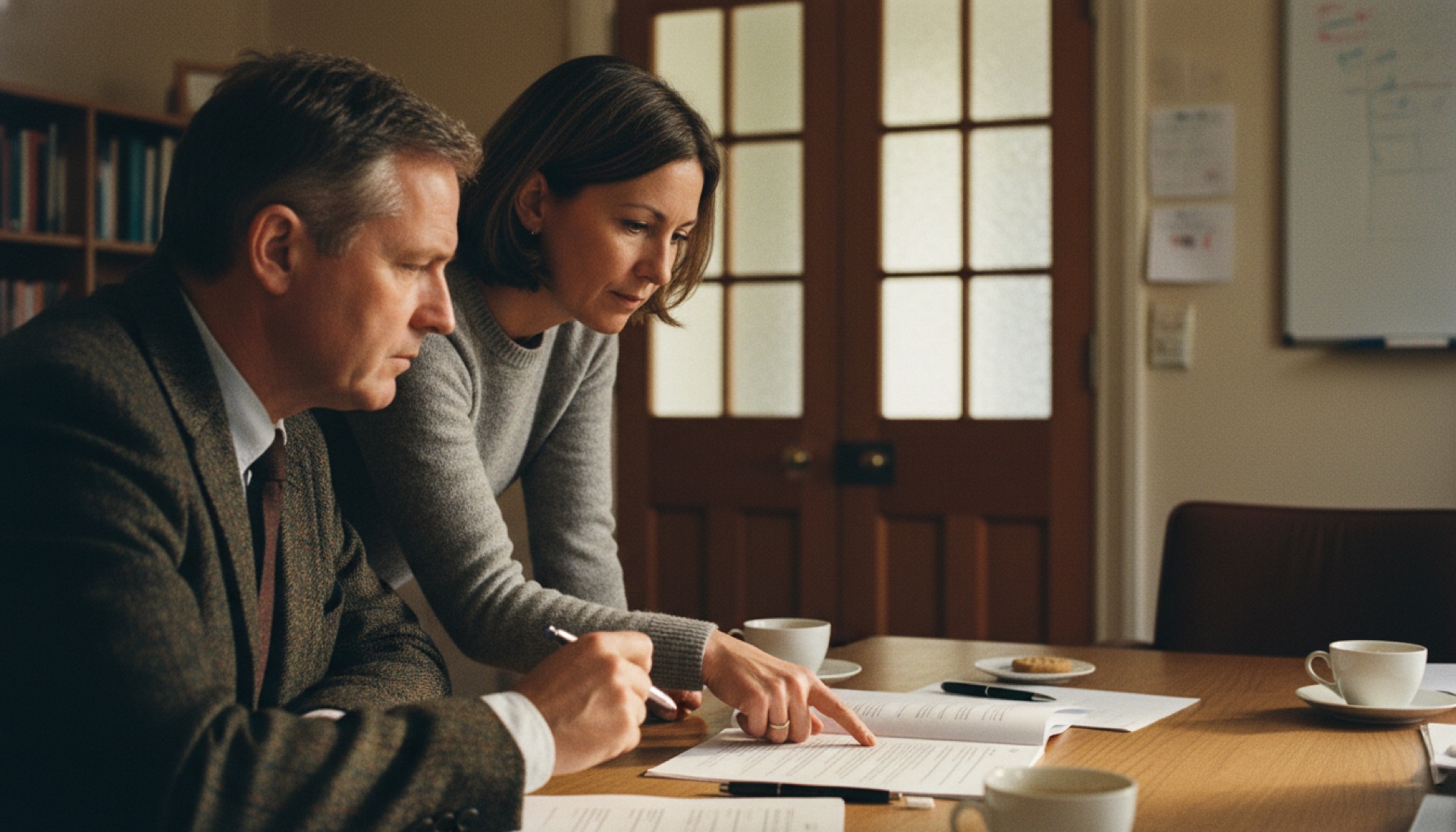 Two colleagues reviewing a document together at a conference table, one pointing at a section while the other listens