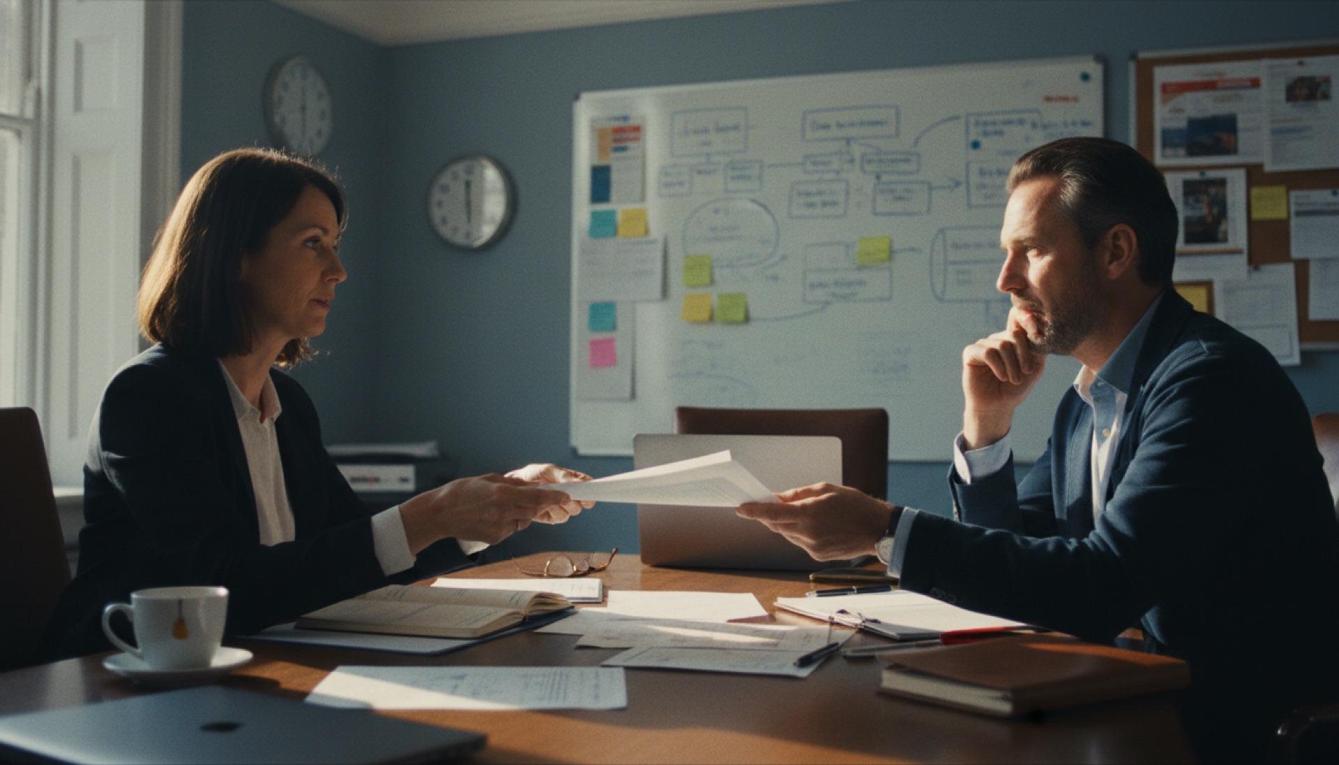 Two professionals reviewing documents together at a conference table in a naturally lit office
