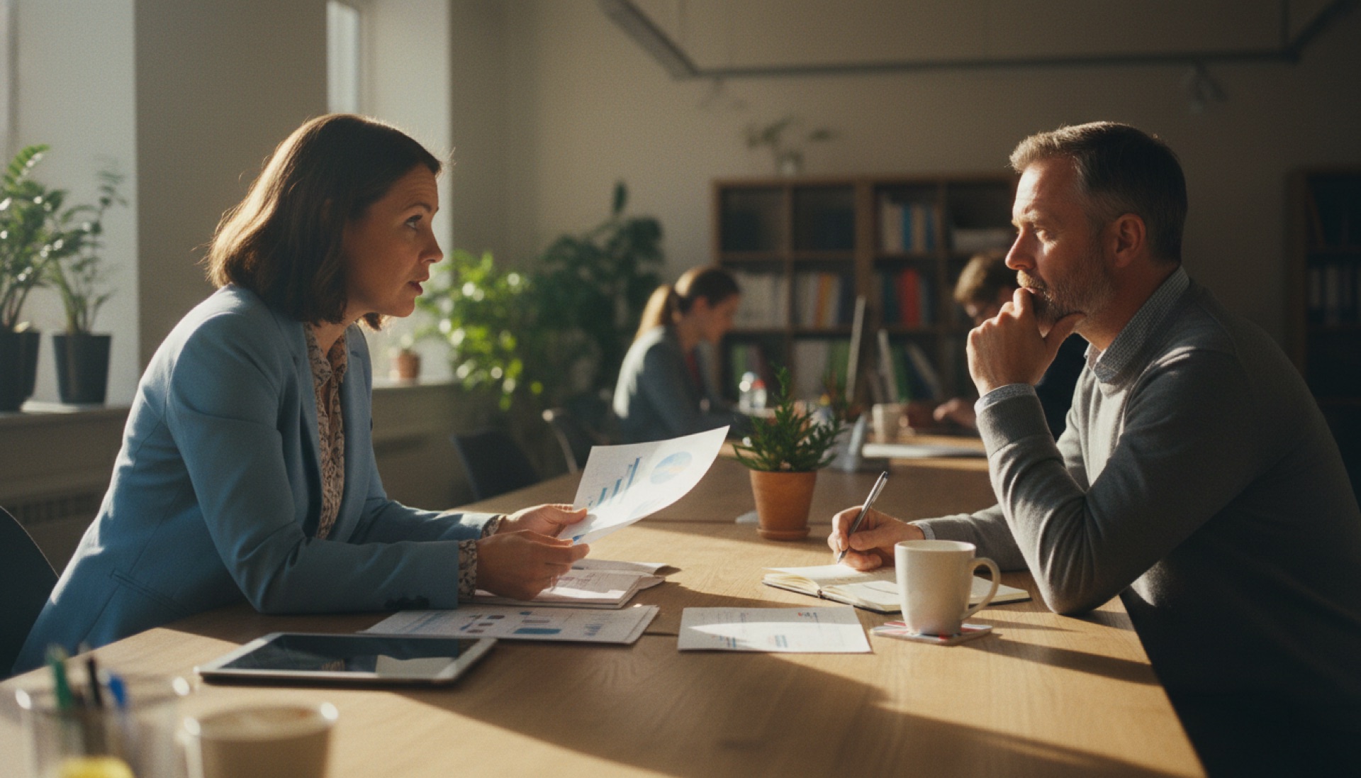 Two colleagues in conversation at a shared desk, one leaning forward with papers, the other listening attentively