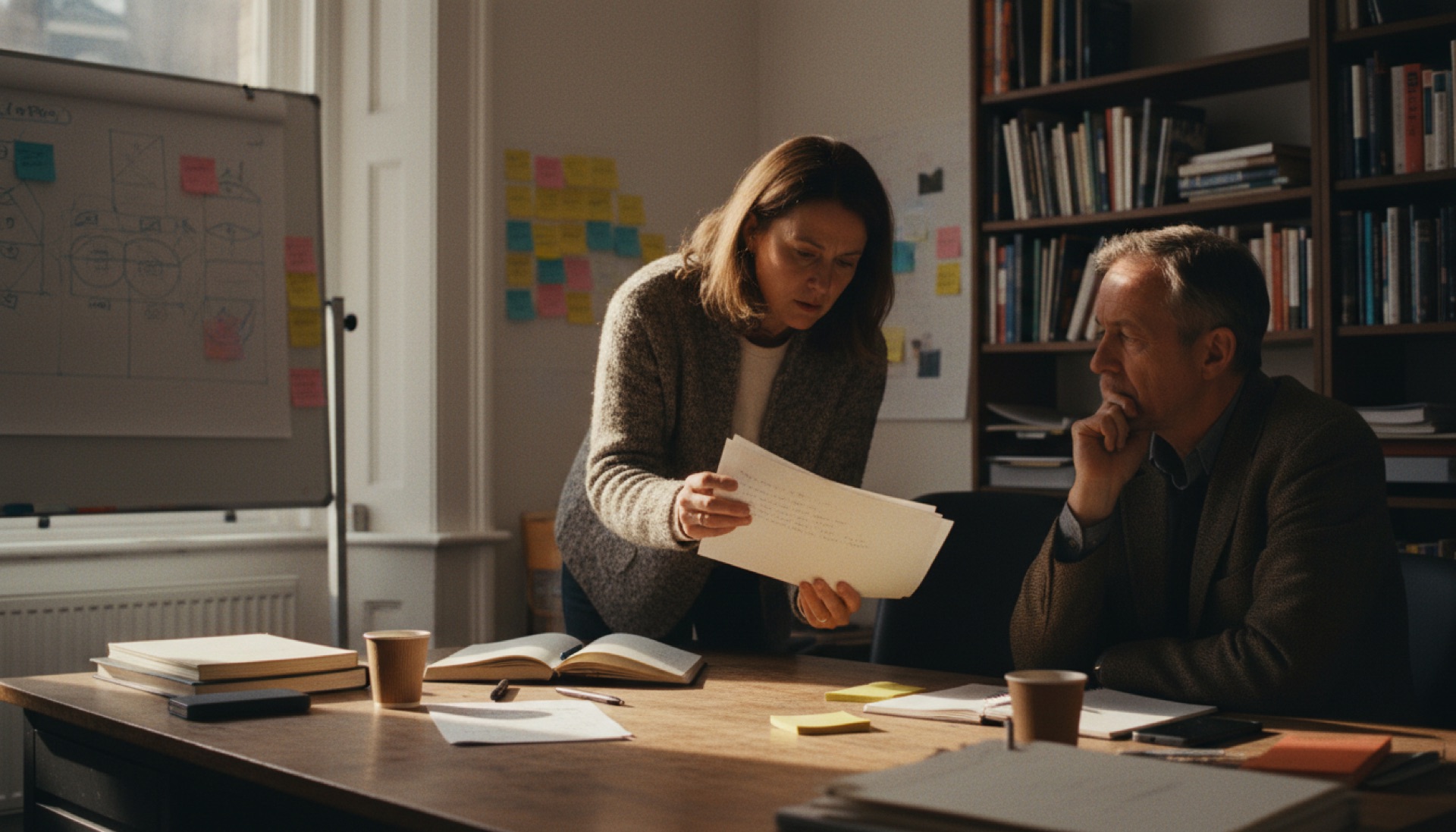 Two people sitting across a desk reviewing notes together in a naturally lit office