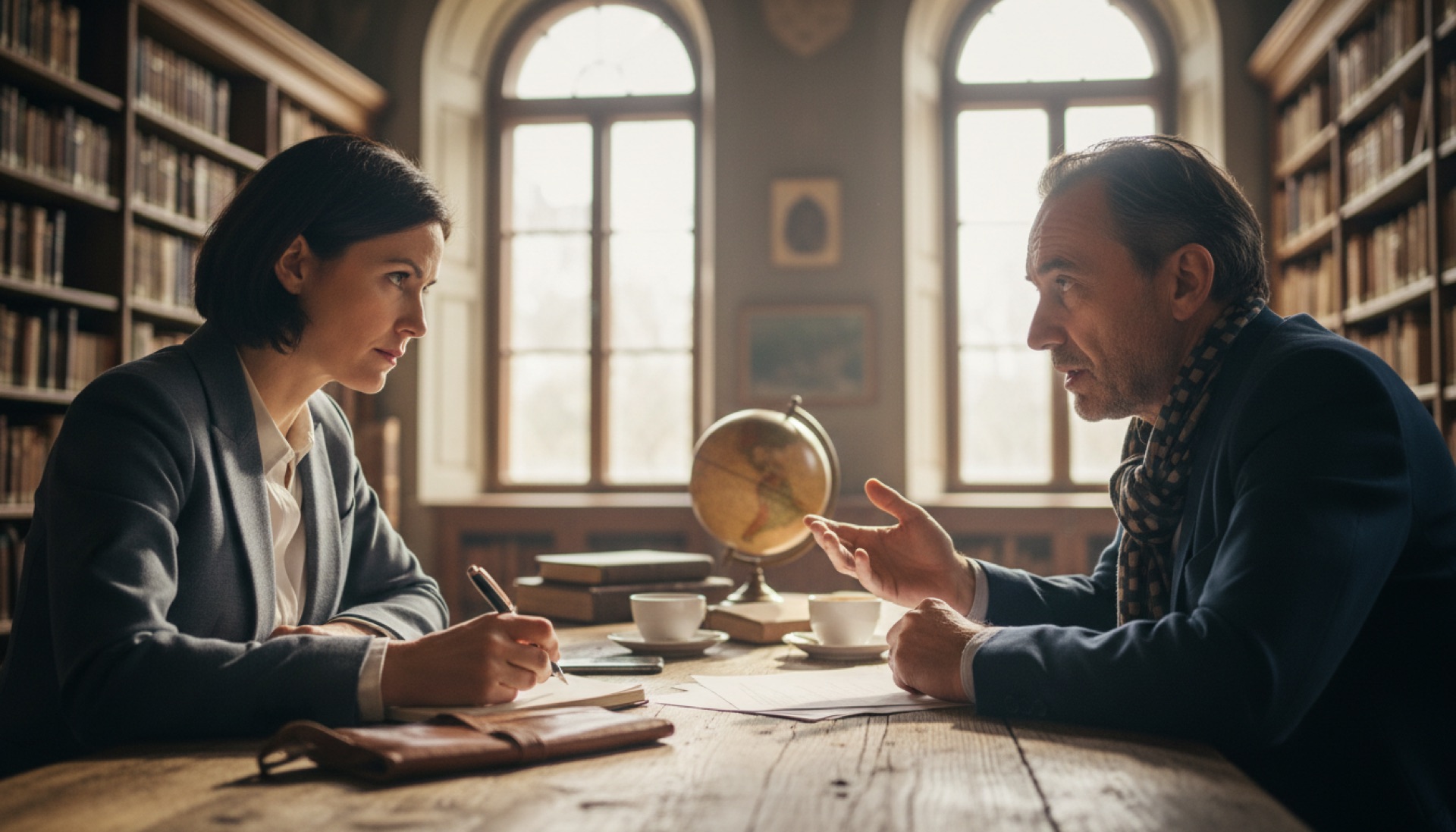 Two people sitting across a table in conversation, one taking notes, in a naturally lit office