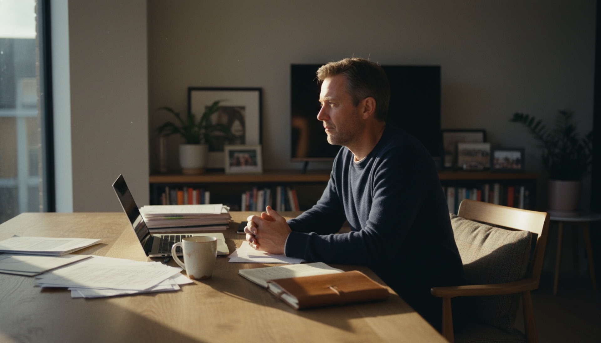 A founder sitting at a desk in late afternoon light, looking out of a window