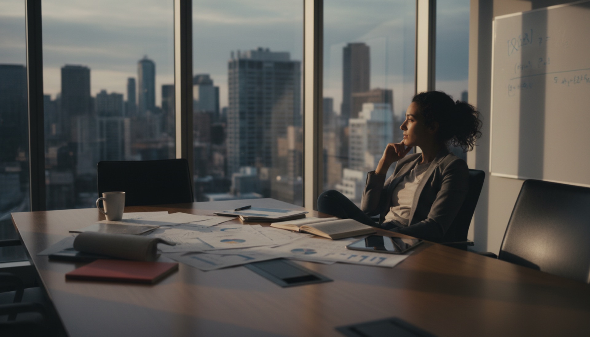 A founder sitting alone at a conference table with documents spread in front of them, the door open behind them