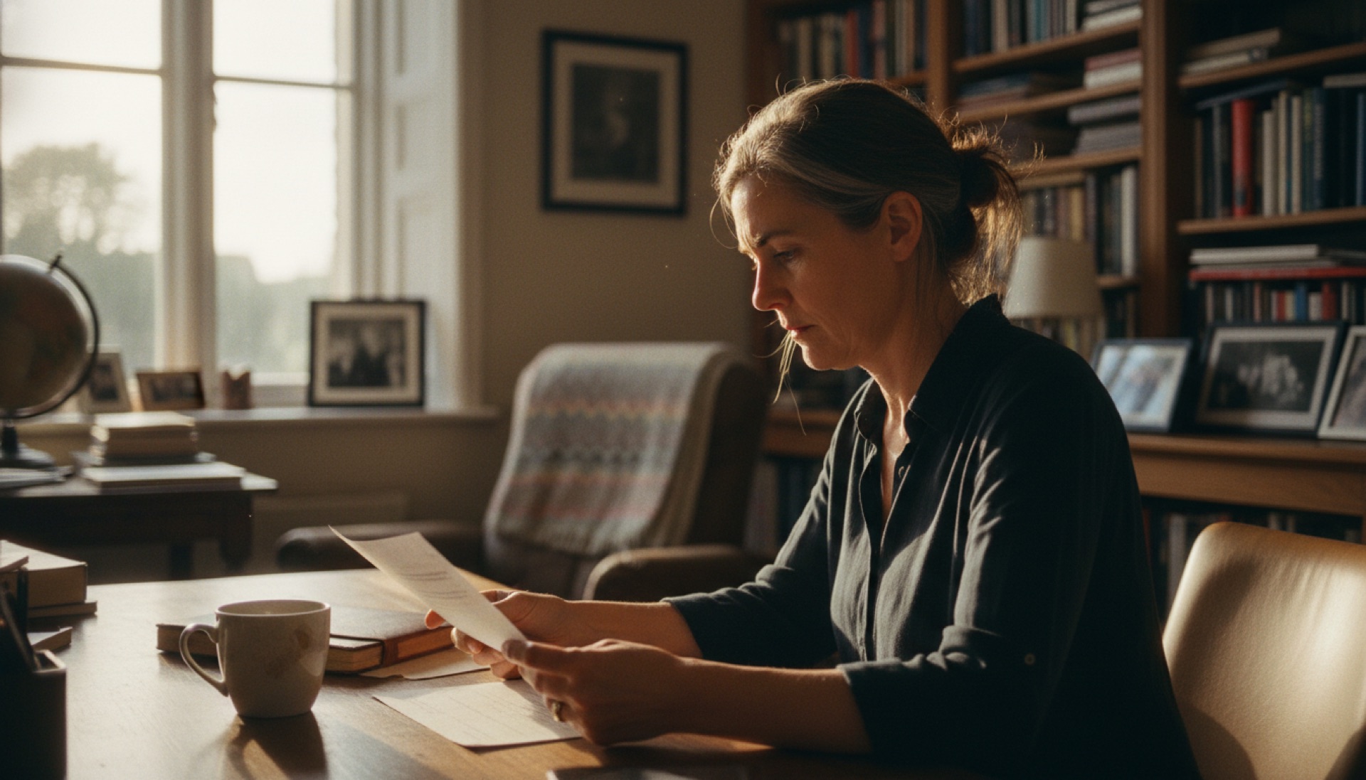 A founder reading a printed one-page document at a desk in a quiet office