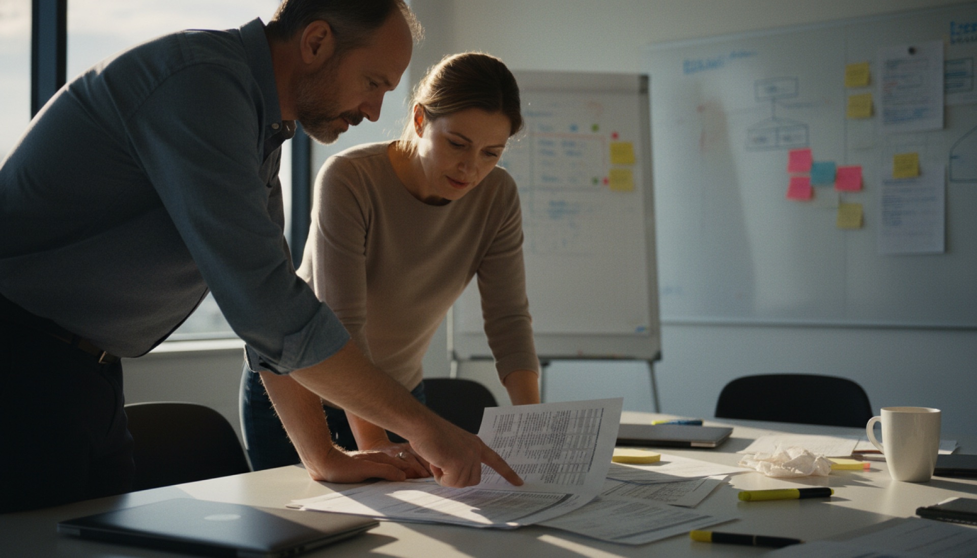 Two colleagues in a meeting room reviewing a printed data classification table on a conference table
