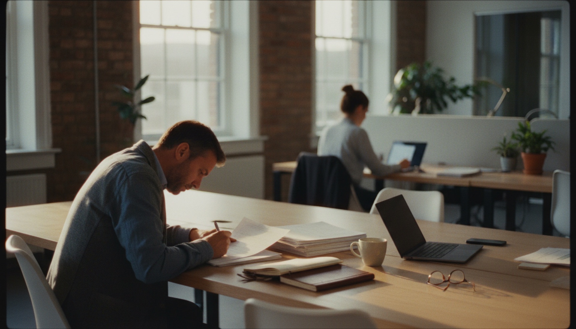 Founder at a desk reviewing documents with a colleague visible in the background
