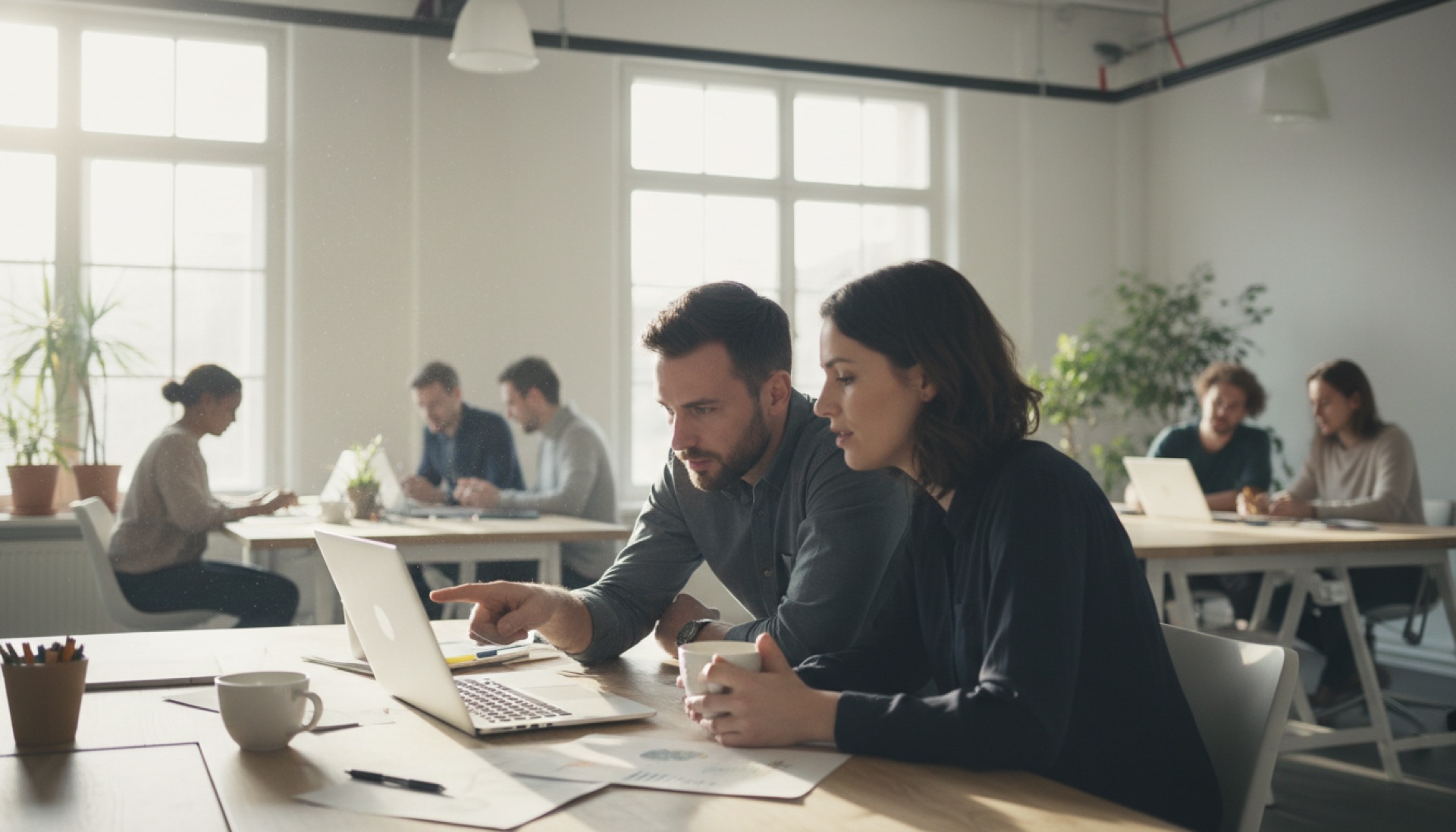Two people reviewing a laptop screen together in a bright open-plan office