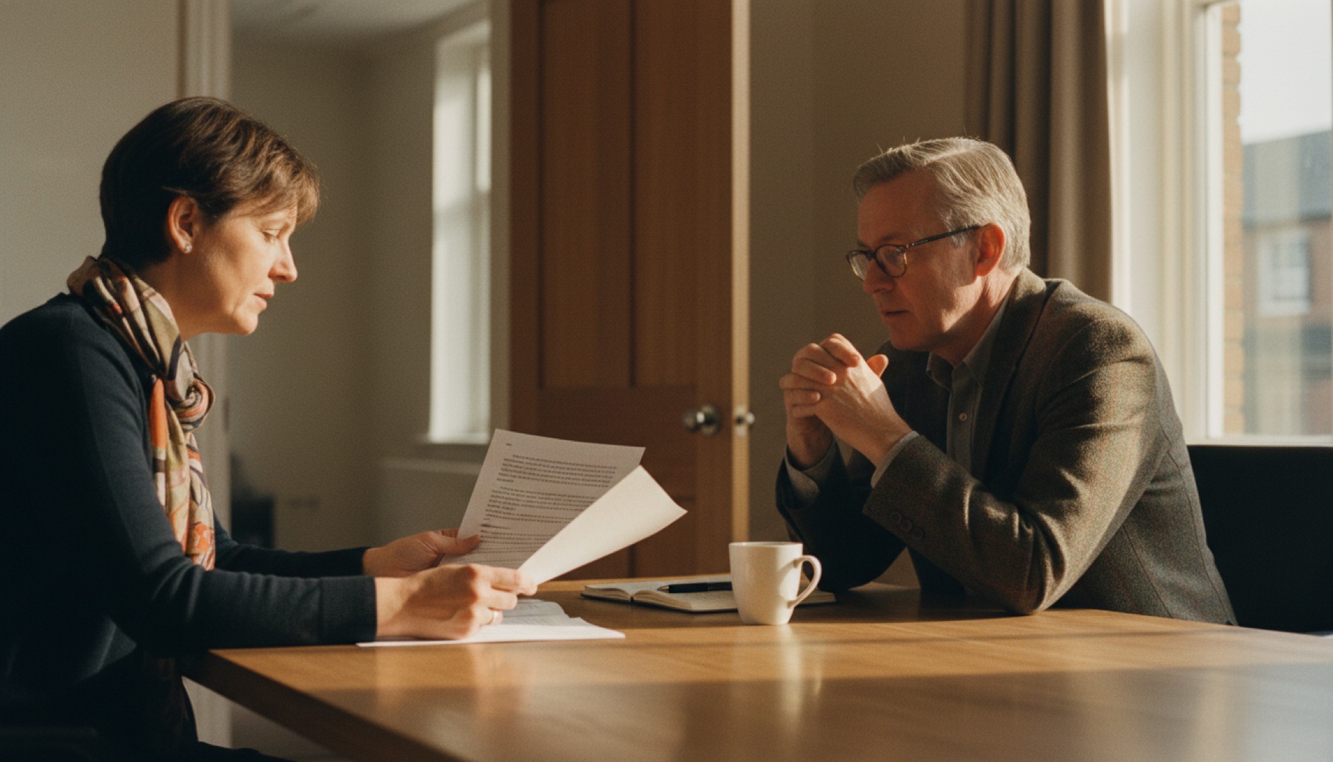 Two colleagues in conversation across a meeting table, one reviewing a document
