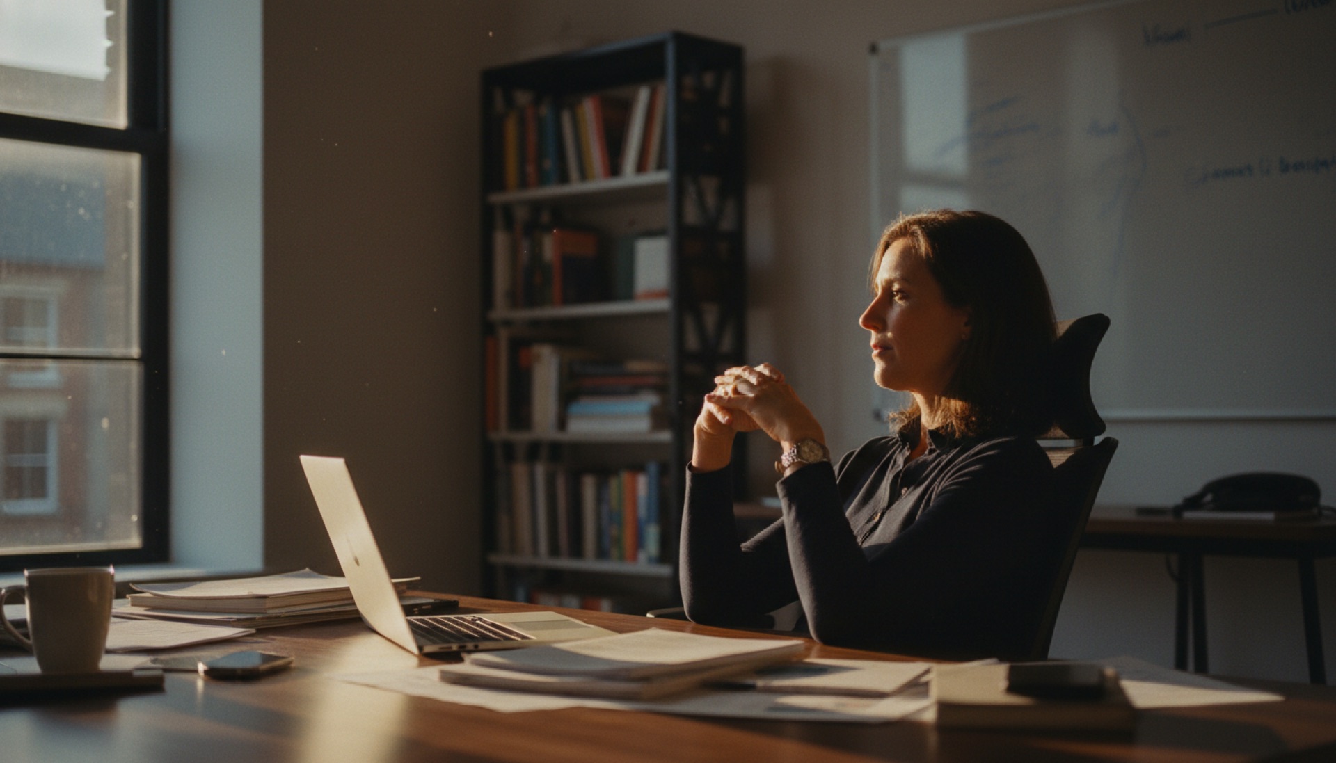 A founder sitting at a desk looking toward a window, hands resting on the table