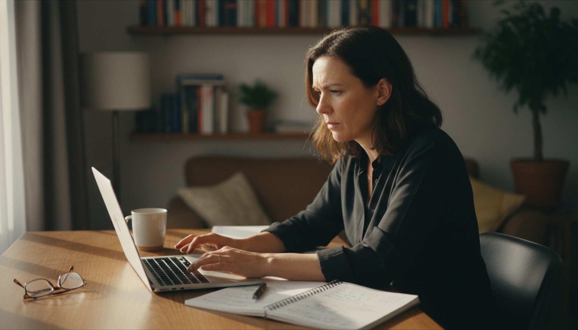 A person sitting at a desk reading from a laptop with a notepad open beside them