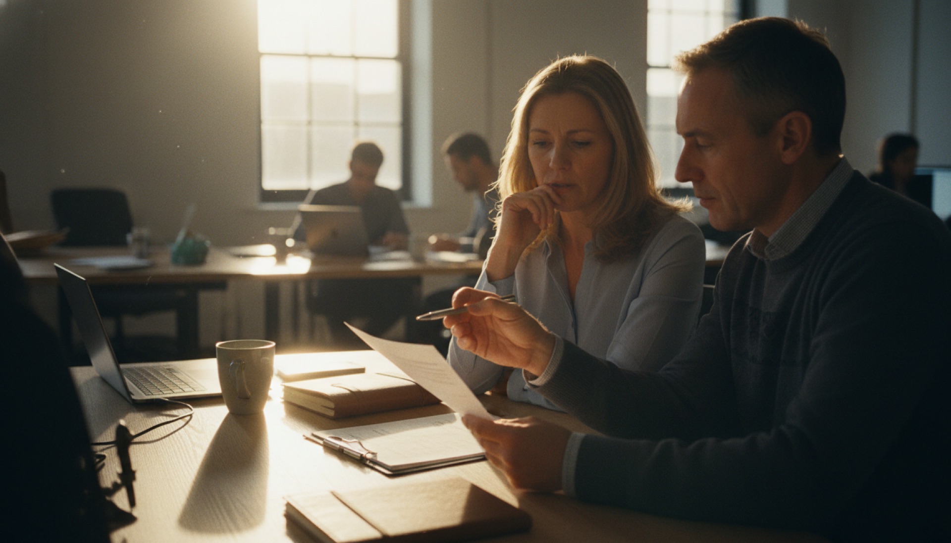 Two colleagues looking over a printed document together at an office desk