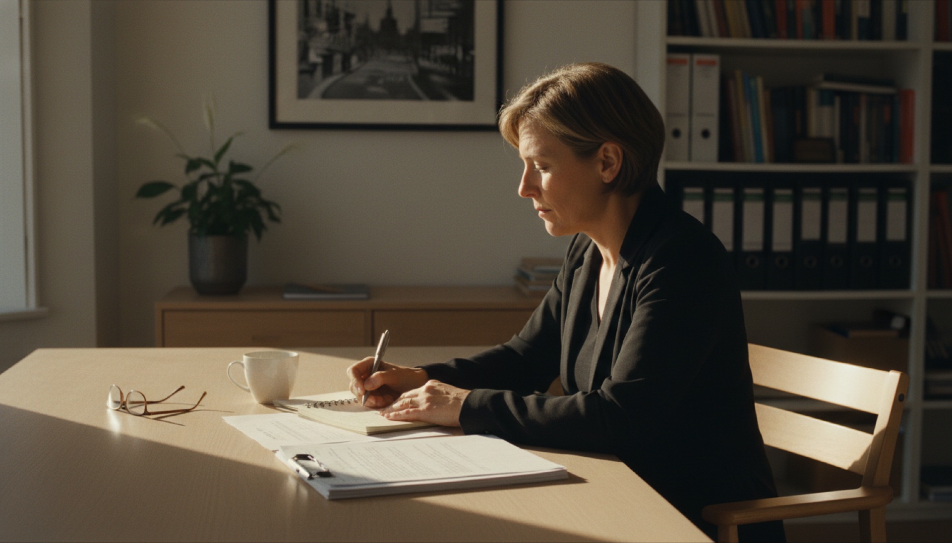Person at a desk writing notes while reviewing a stack of printed documents