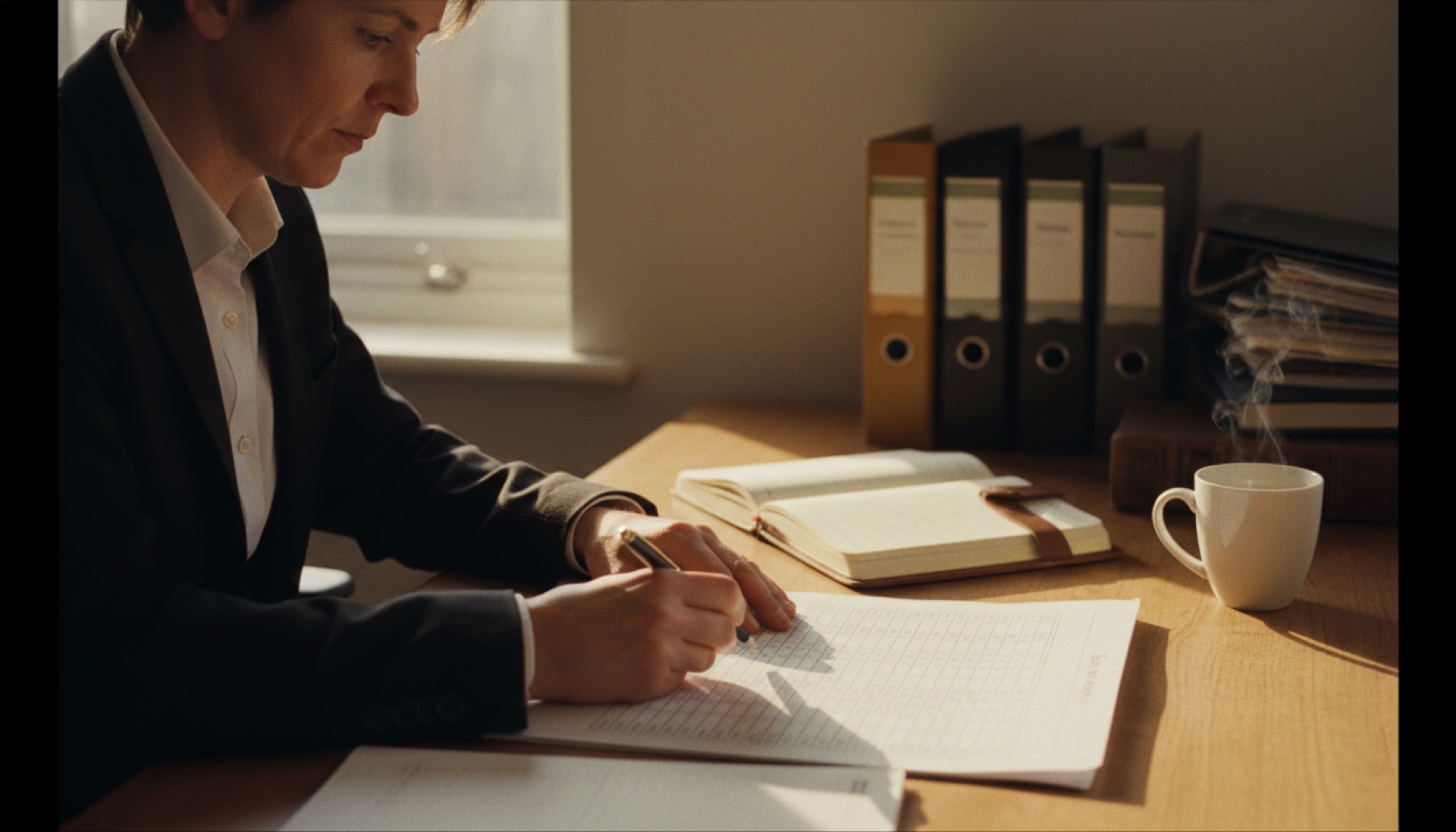 Person reviewing a spreadsheet on a laptop at a well-lit desk with a notepad beside them