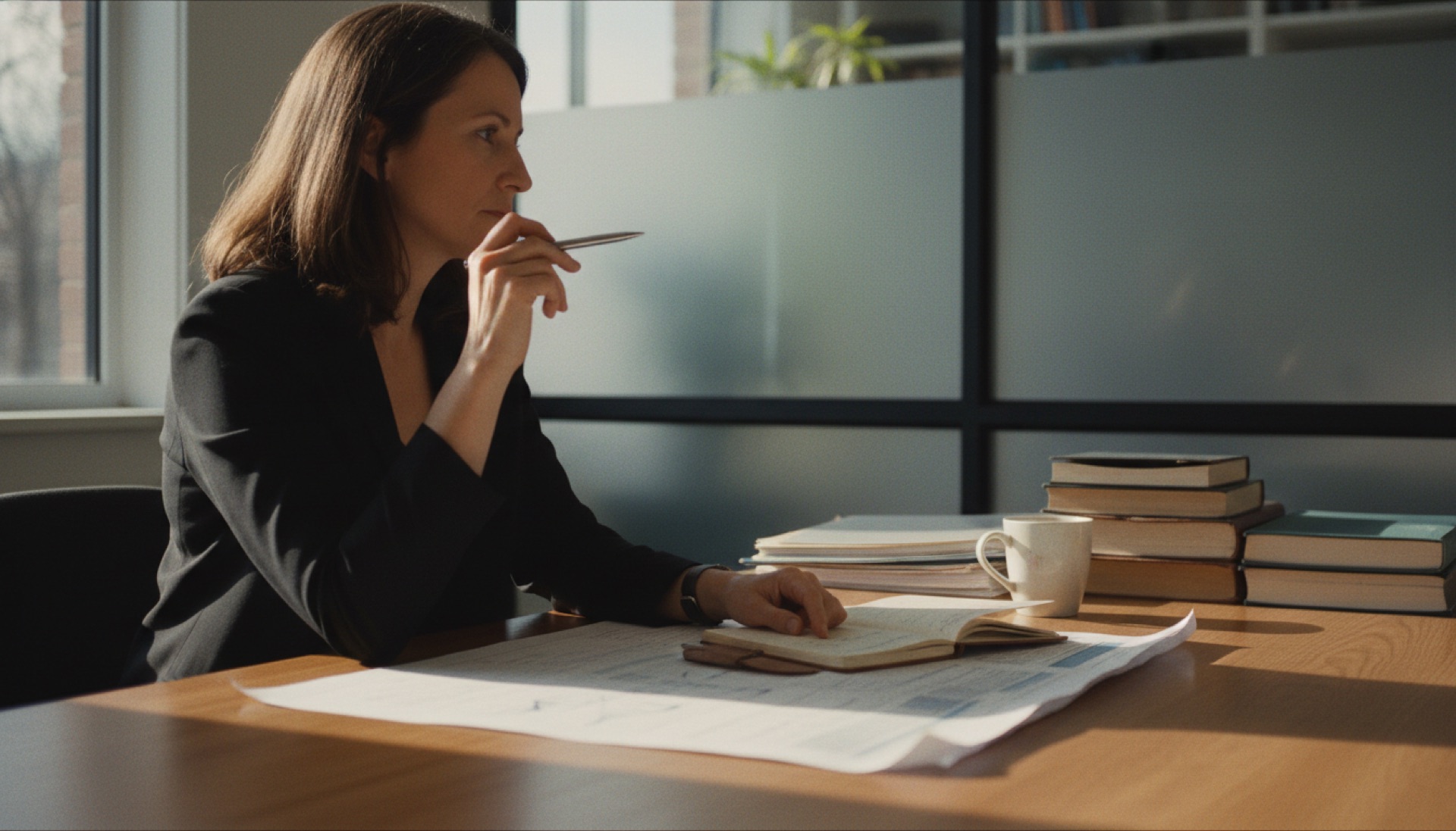 A professional reviewing a printed document at a desk with a pen, laptop open nearby