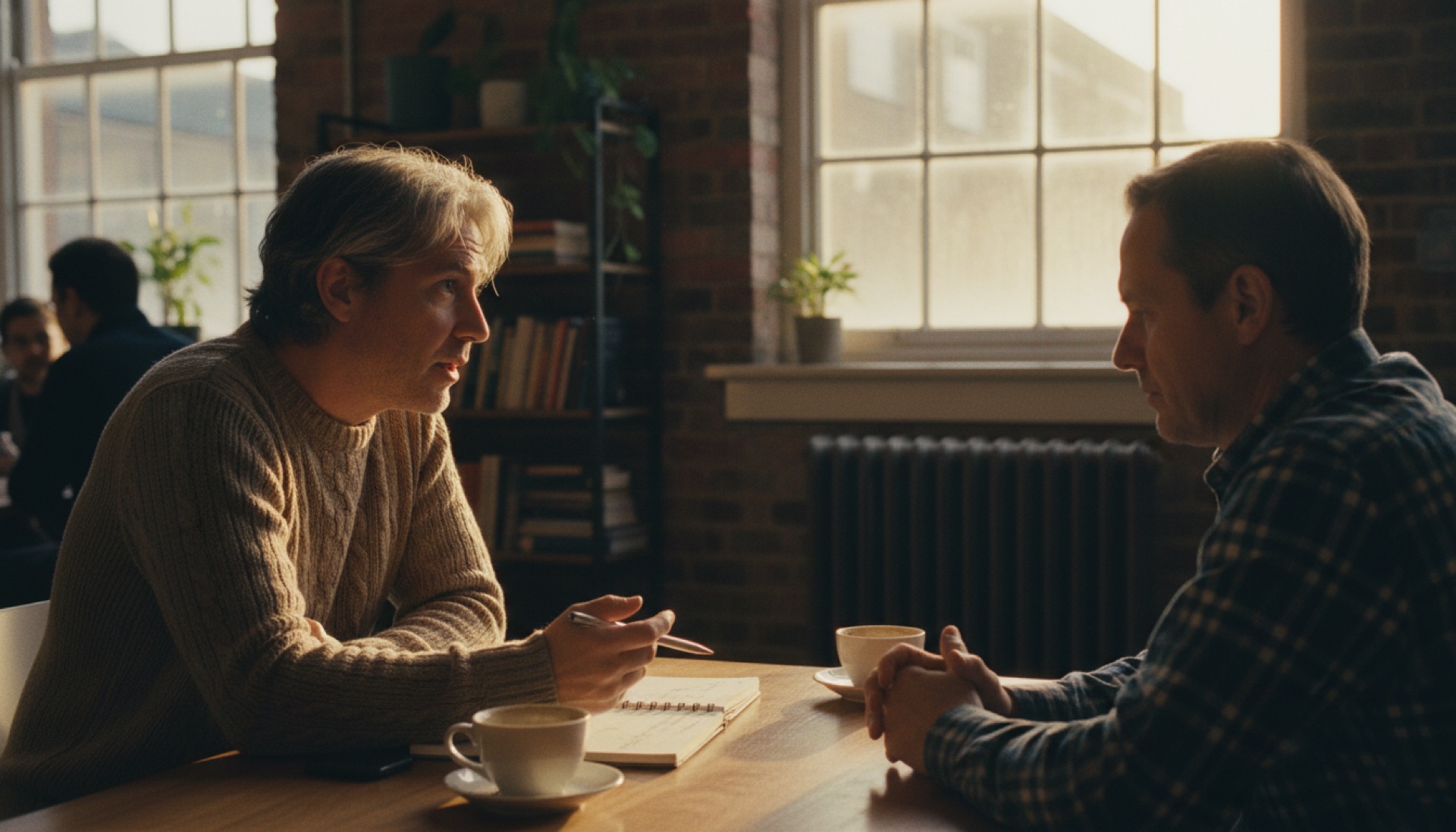 Two people in a relaxed office meeting, one with a notebook open on the table