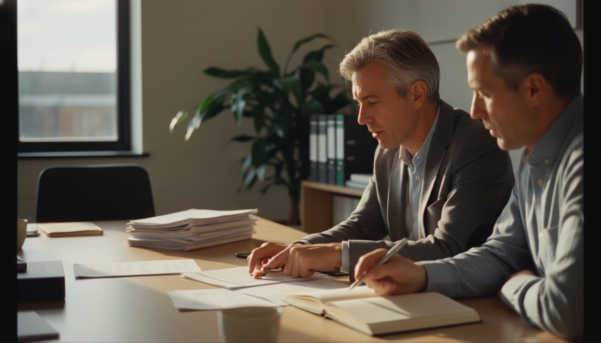 Two colleagues reviewing printed documents at a meeting room desk