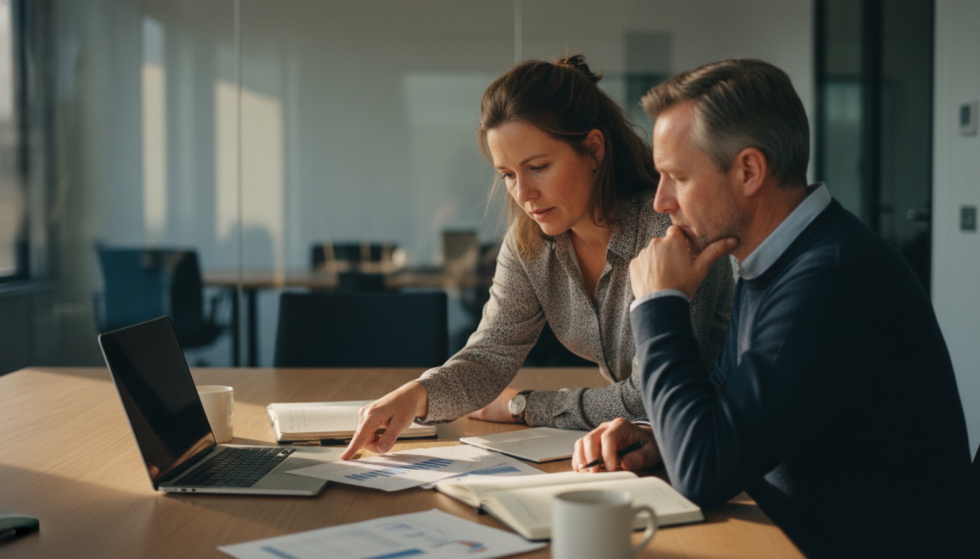 Two colleagues reviewing a printed document together across a meeting room table