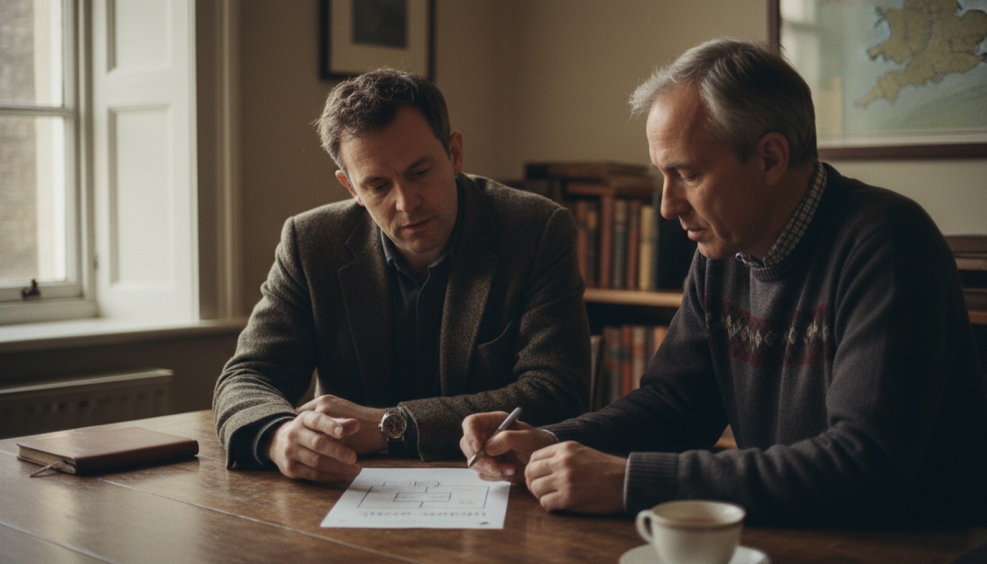 Two people sitting across a table, both looking at a single sheet of paper between them