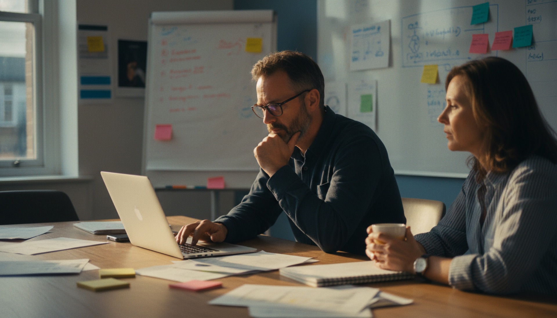 Two people at a conference table, one looking at a laptop screen with a concerned expression