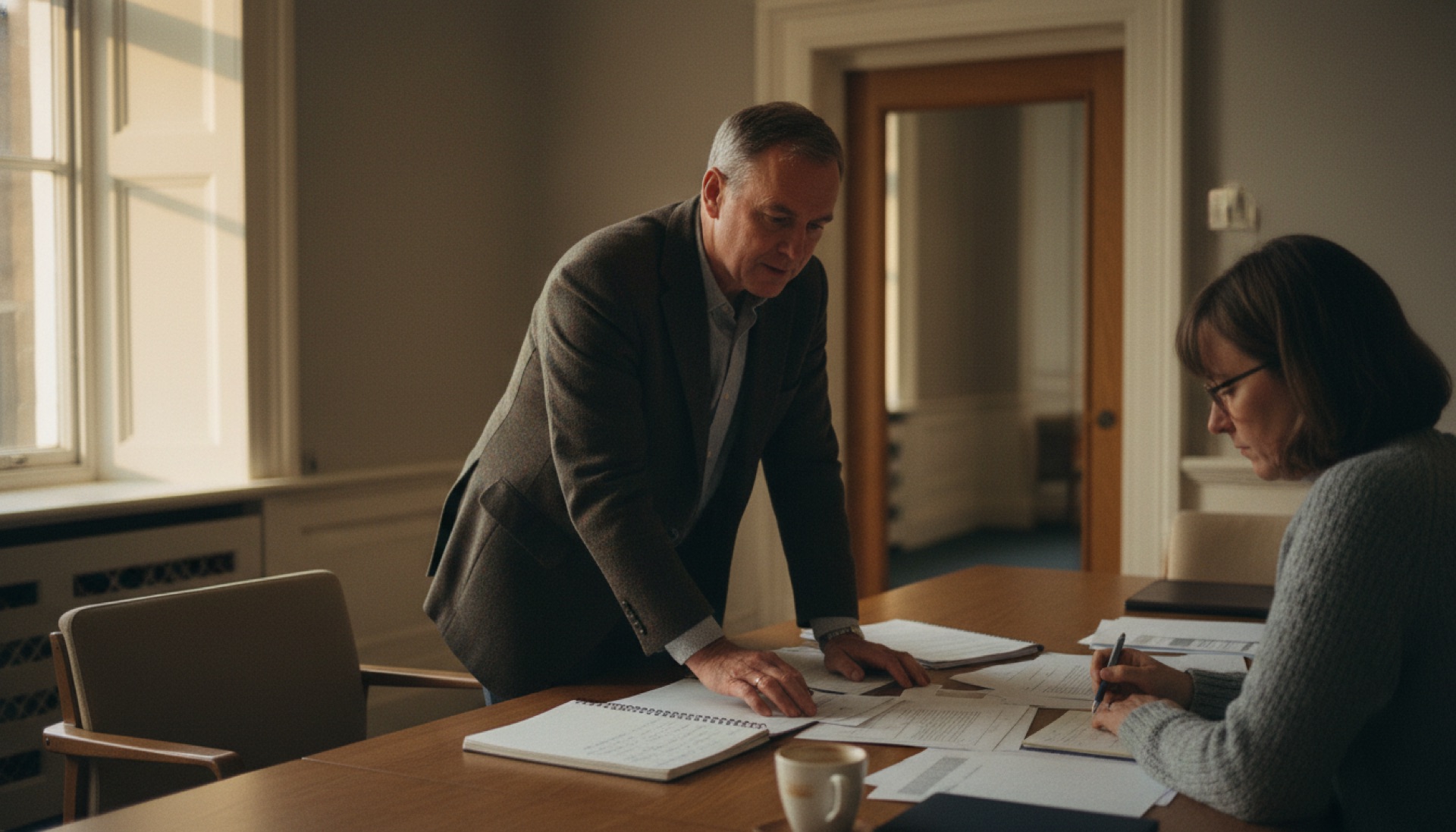 Two people reviewing documents together across a desk in a bright, naturally lit office