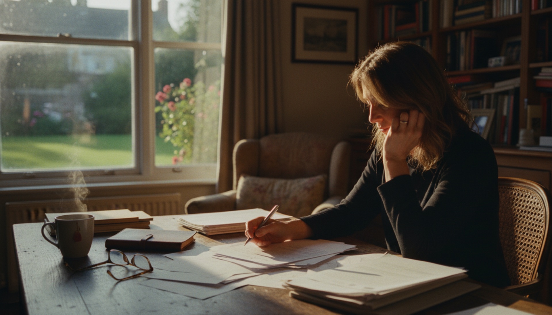 A person sitting at a desk reviewing papers, looking thoughtfully at the page with natural light behind them
