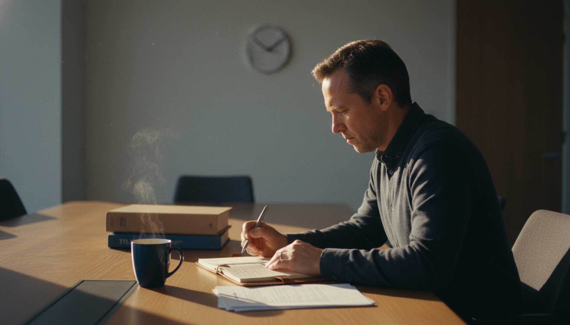 Founder reviewing papers and a laptop in a quiet office meeting room
