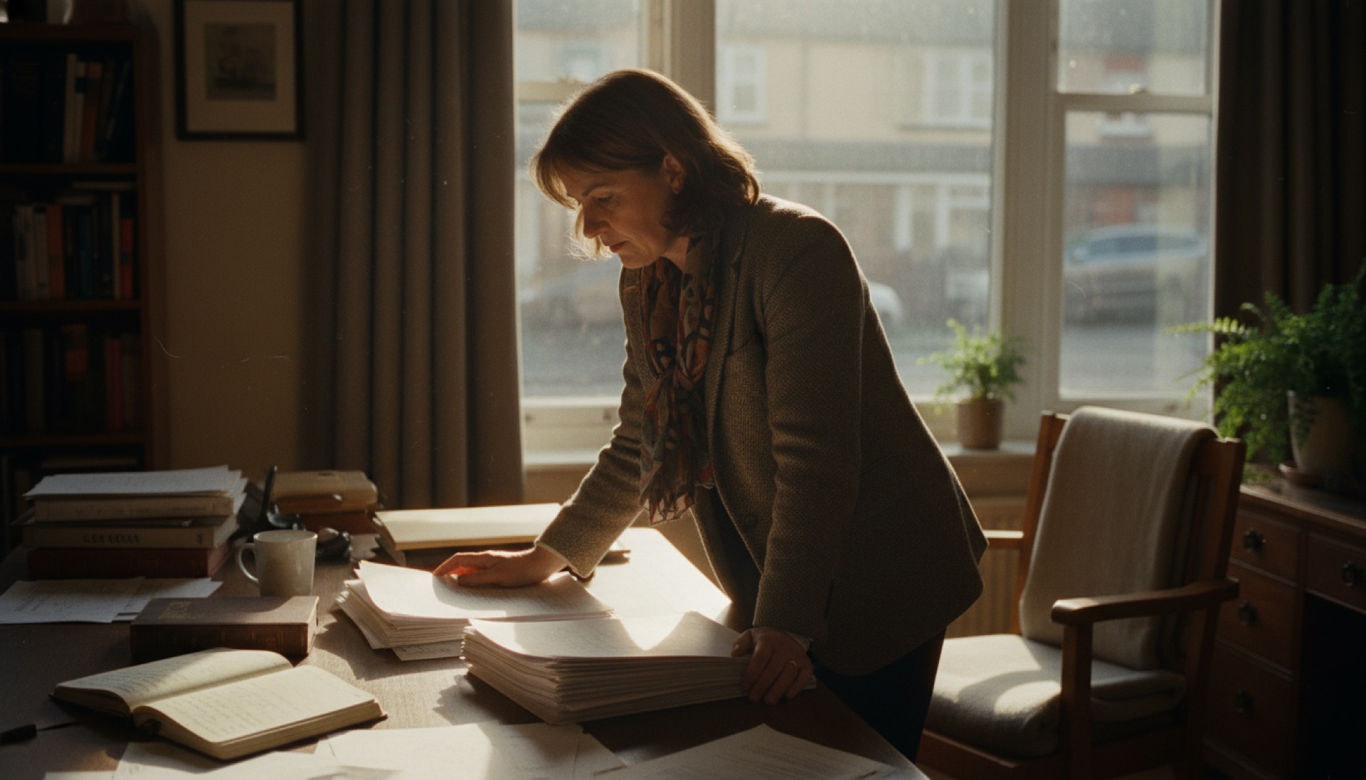 Person reviewing printed reports at an office desk in natural light