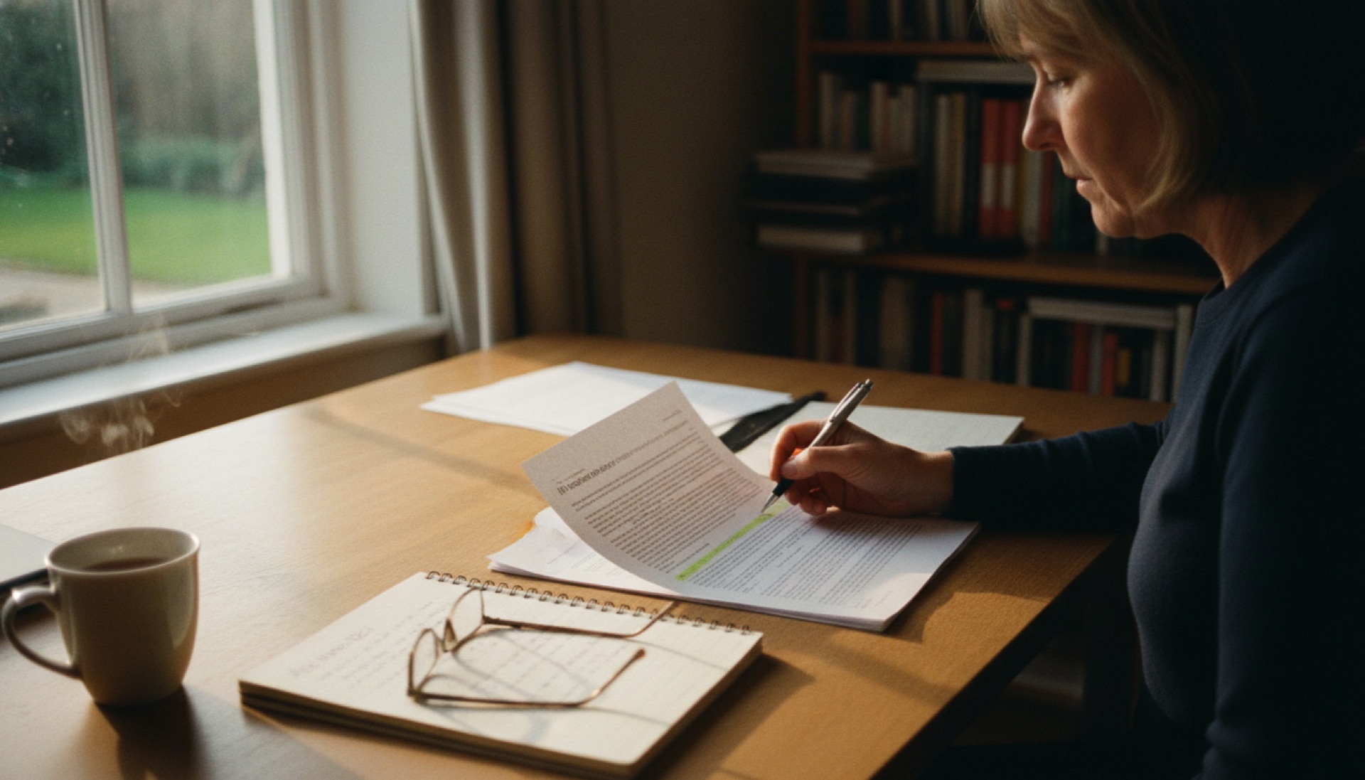 A person at a desk reviewing printed notes and documents before a meeting, laptop open nearby