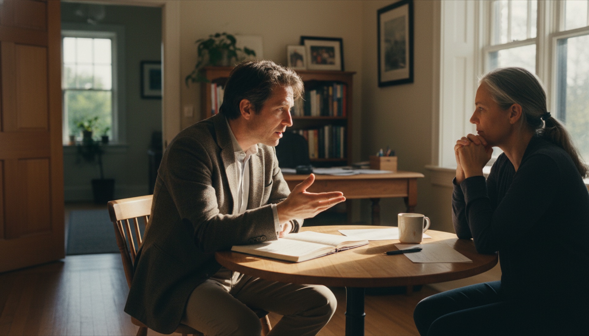 Two people talking across a small table in an office, one holding an open notebook