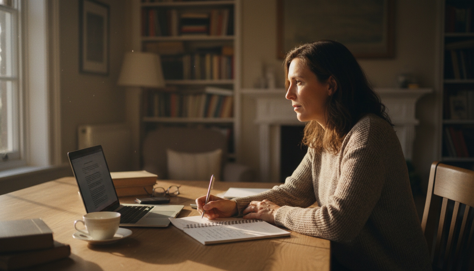 A person sitting at a desk writing notes in a notebook with a laptop open beside them