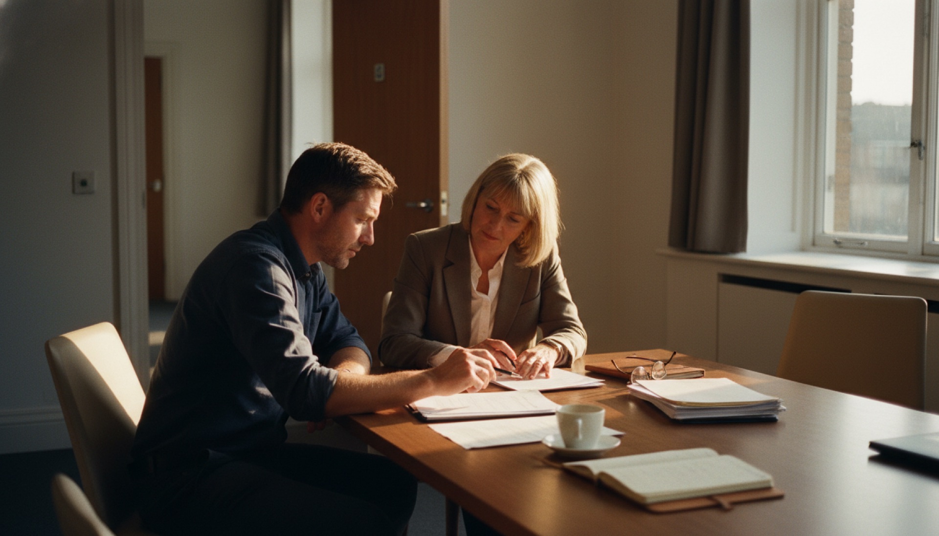 Two people reviewing documents together across a table in an office