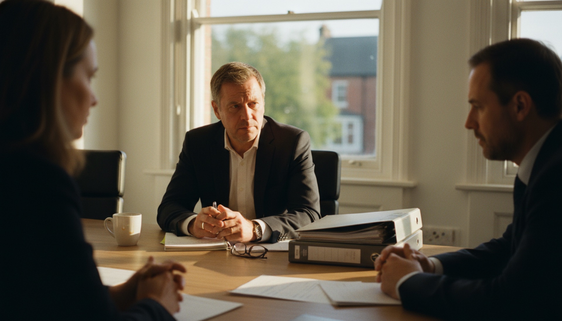 Business owner in conversation at a boardroom table with colleagues, natural light from windows