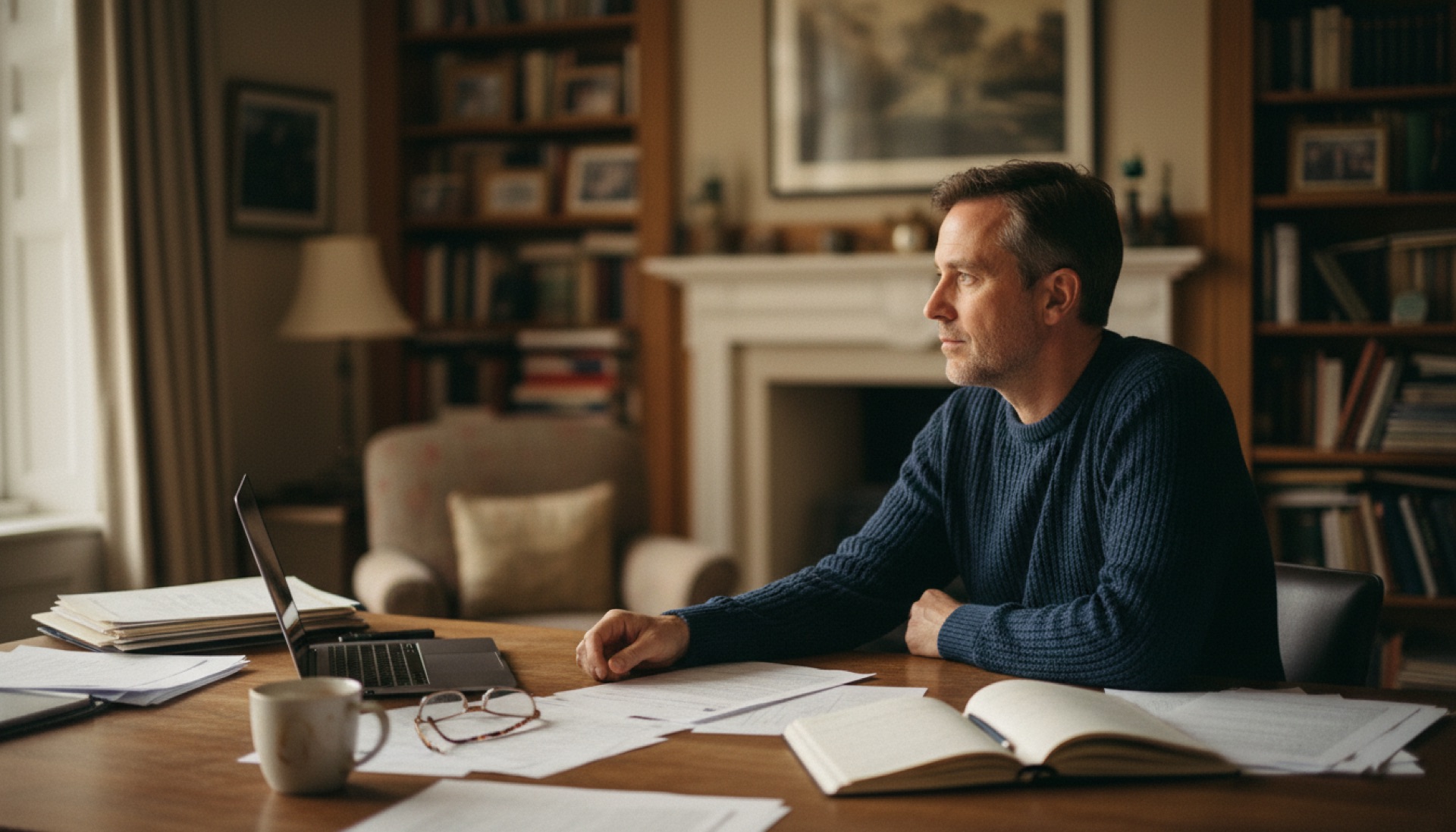 A founder sitting at a desk in afternoon light, looking away from the screen in quiet thought