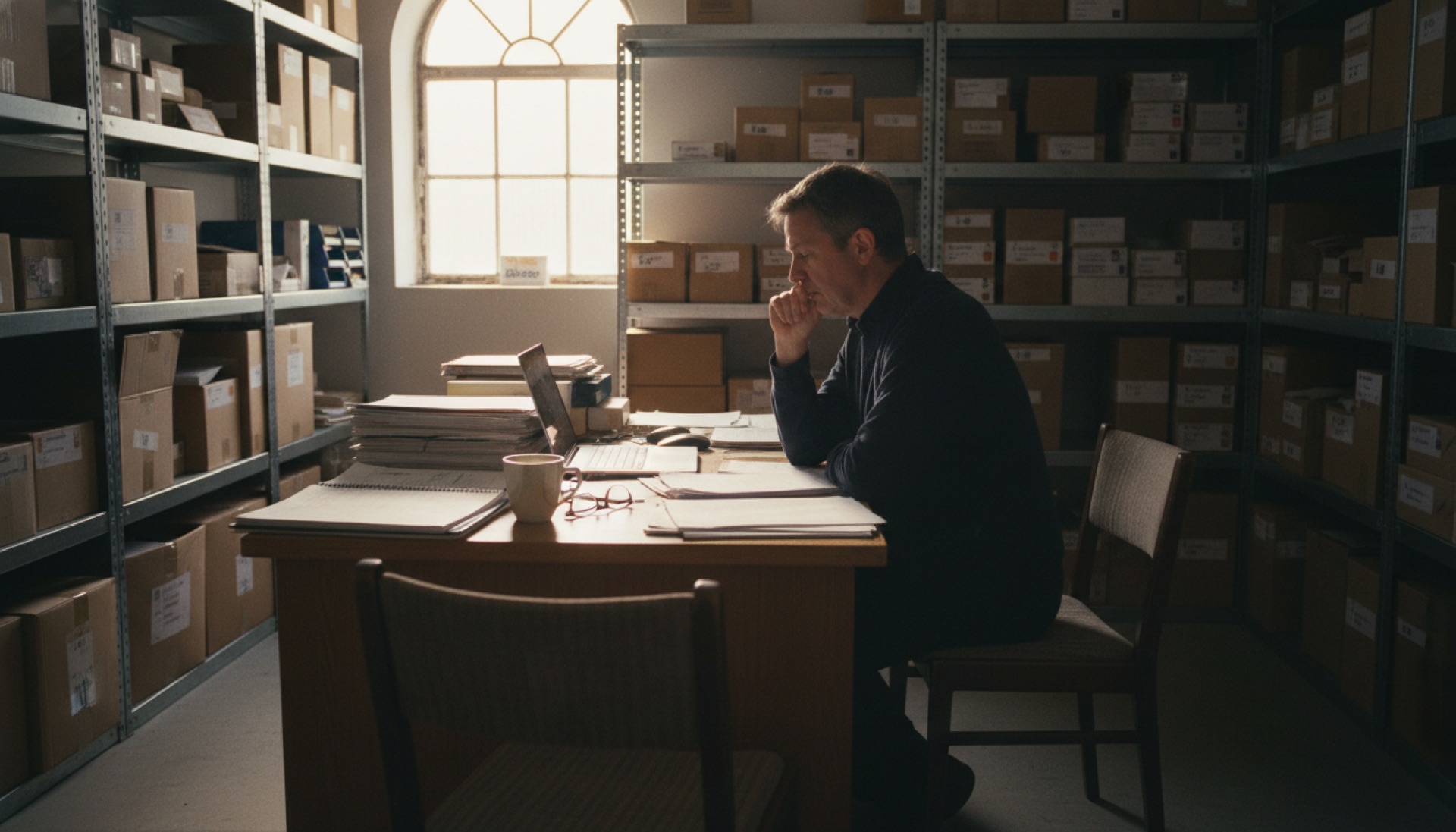 Person reviewing inventory data at a warehouse desk with shelving visible behind them