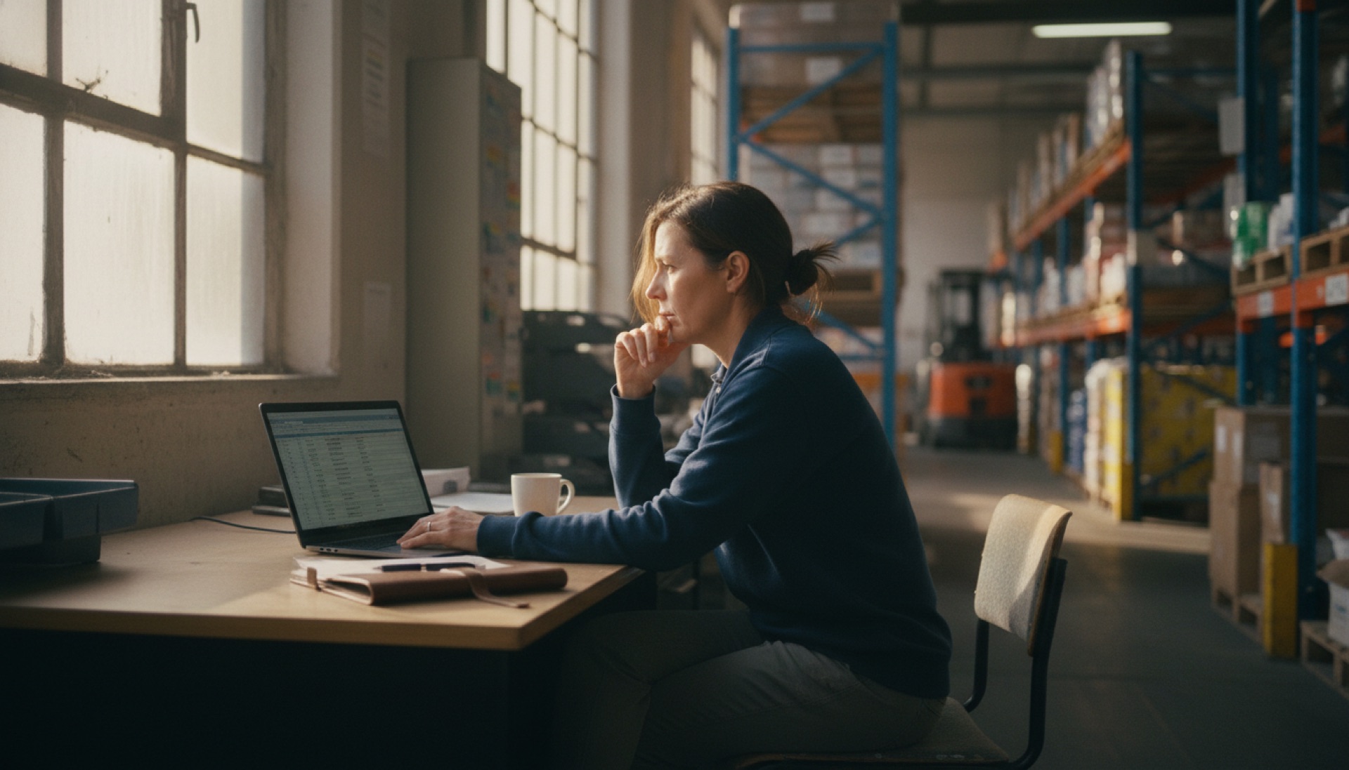 A person reviewing data on a laptop at a desk in a warehouse environment with rows of shelving visible behind them