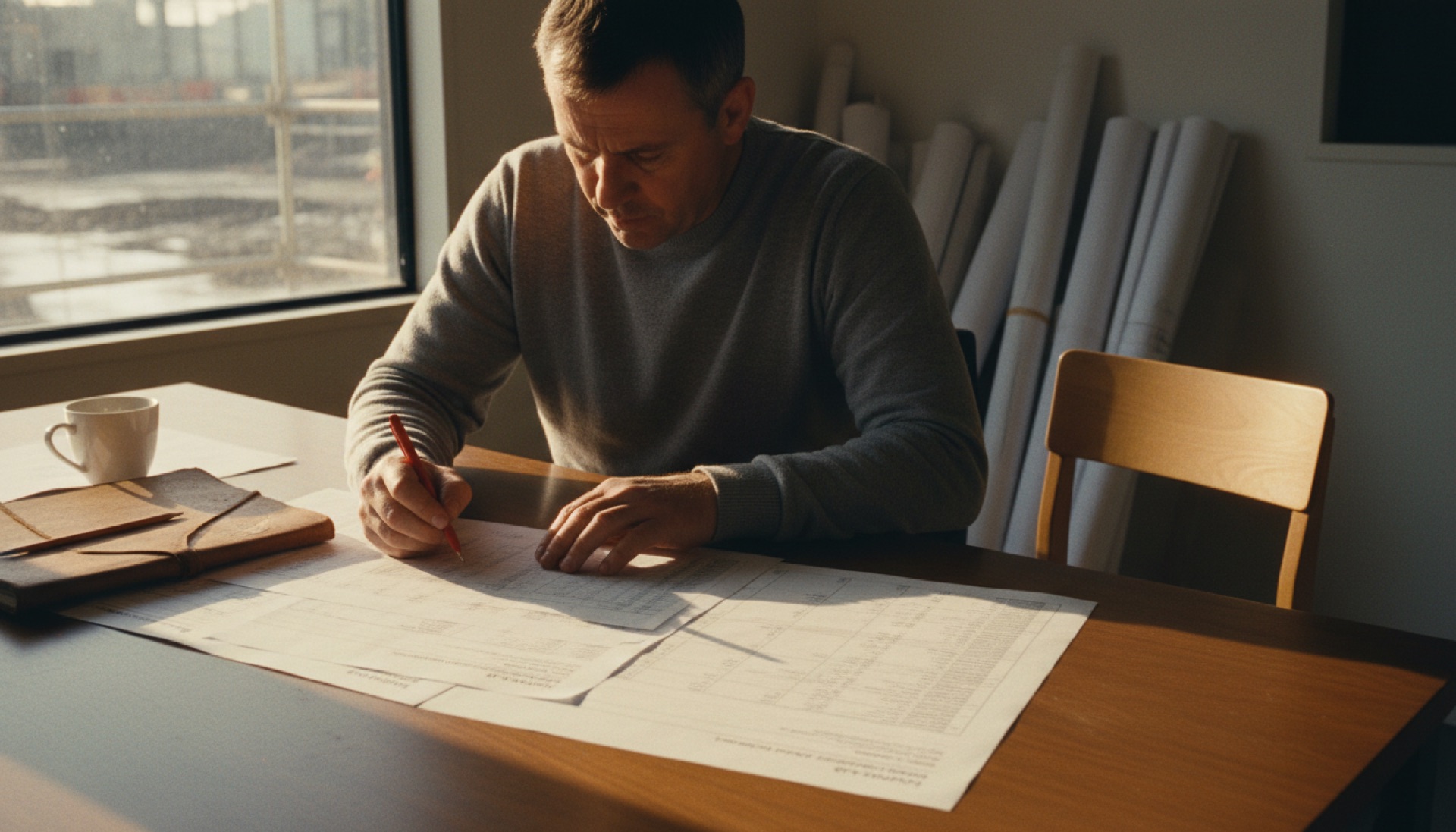 A project manager reviewing printed cost estimate documents at a desk with architectural drawings behind them