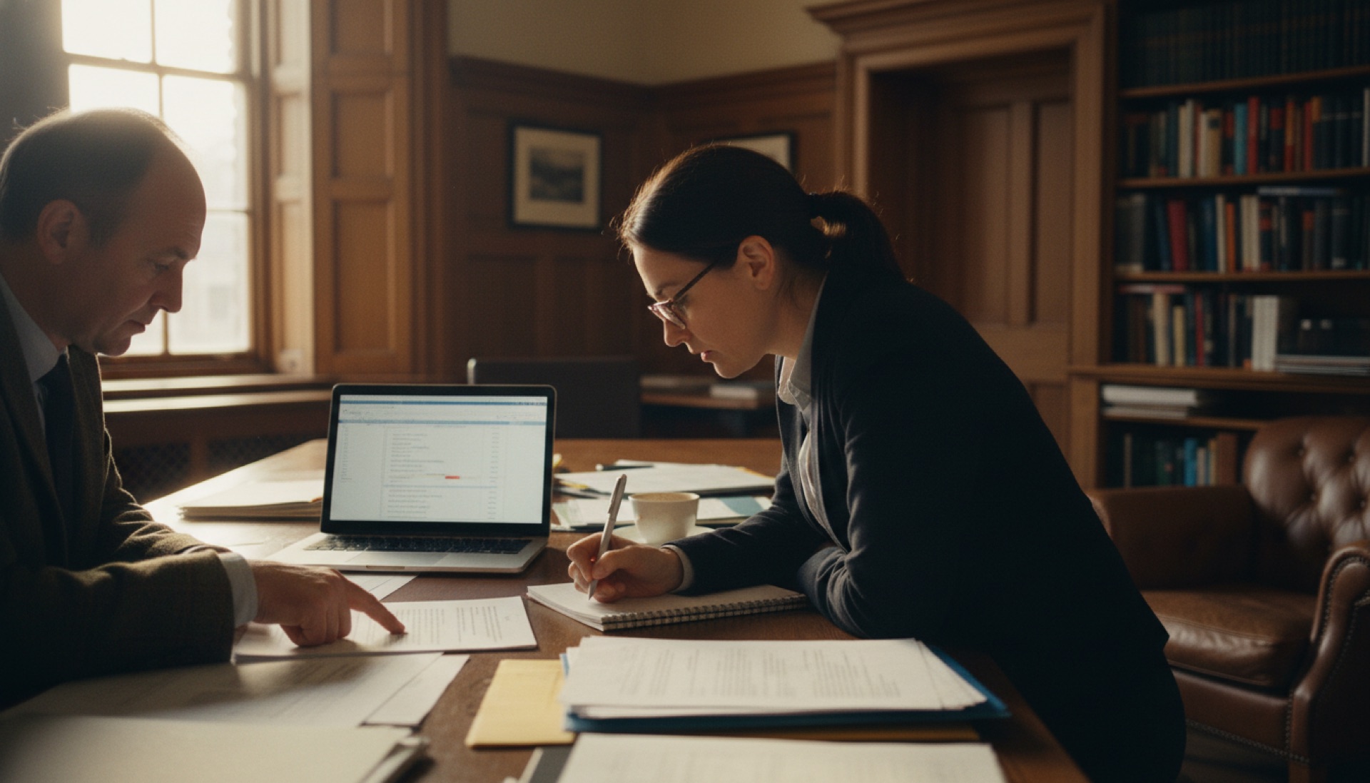 Two professionals reviewing documents at a desk in a well-lit office, one pointing to a page