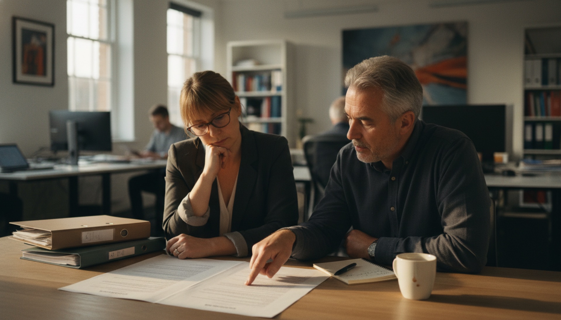 Two colleagues at a meeting table reviewing a printed contract, one pointing to a section on the page