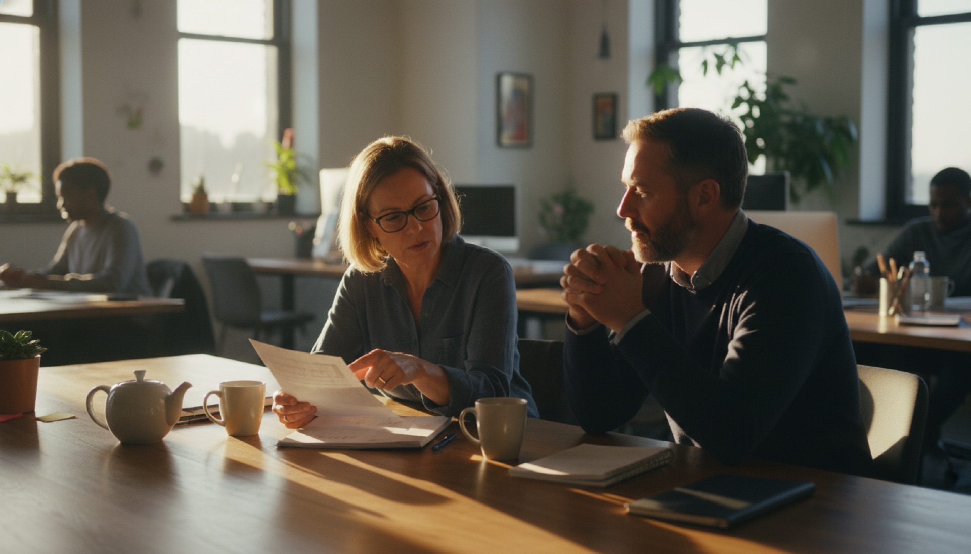 Two colleagues in conversation across a desk in a bright, naturally lit office