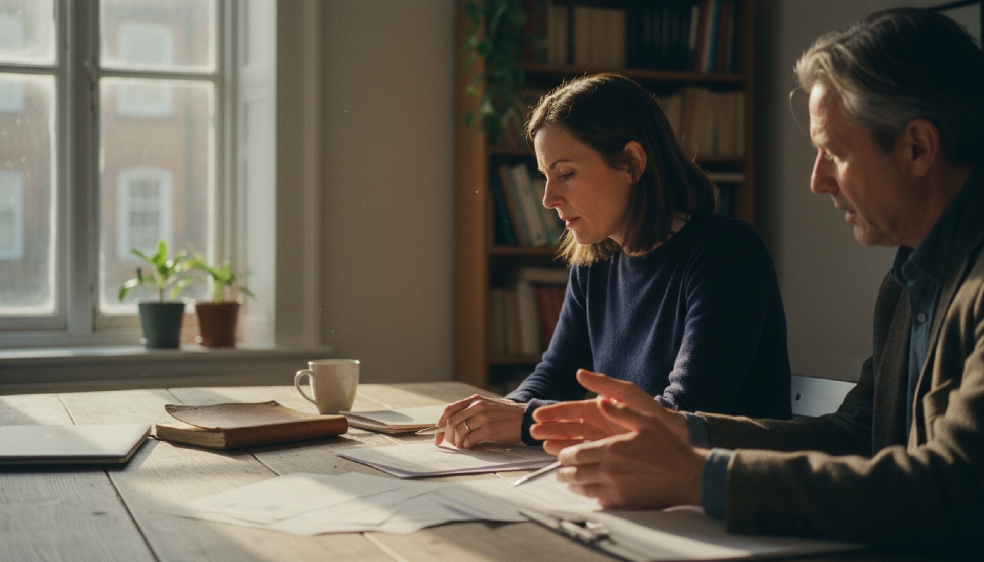 A person at a meeting table, listening while a colleague talks through documents spread between them