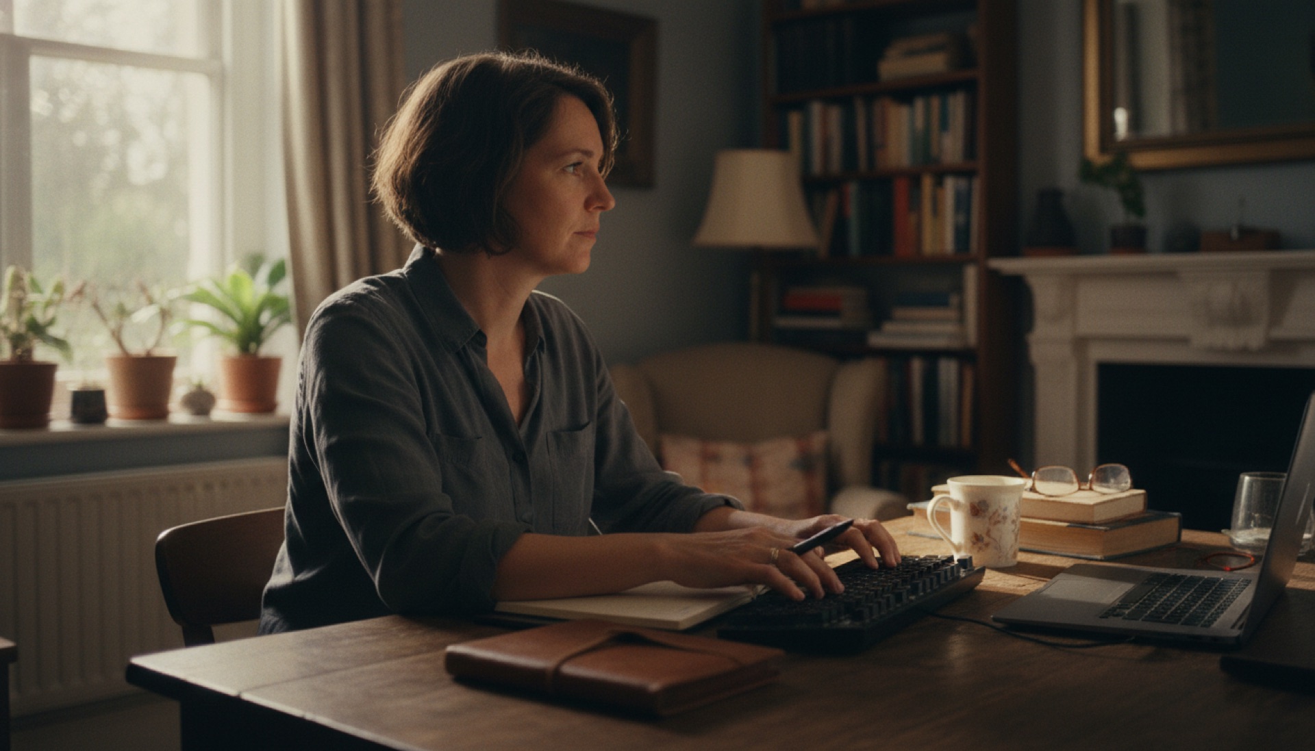 A founder seated at a desk, looking away from a laptop screen with an expression of distraction
