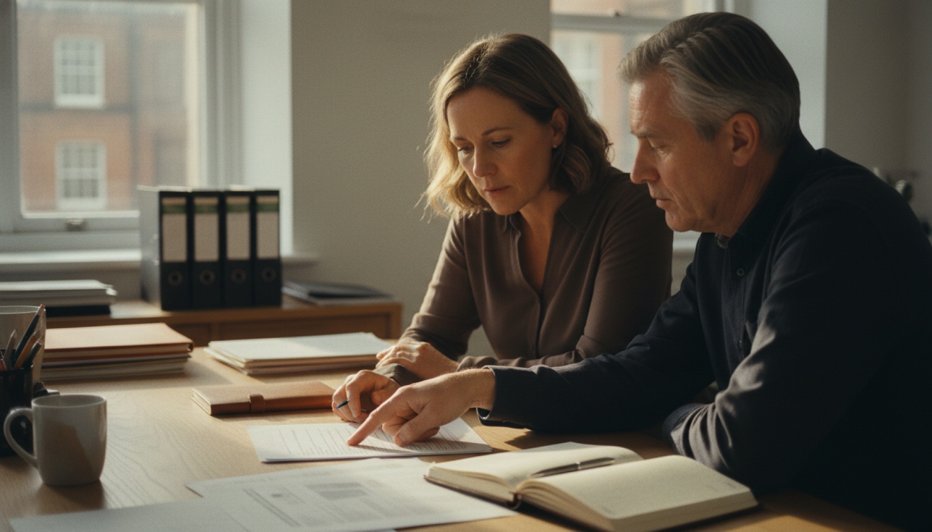 Two people at a desk reading a short printed document together, one pointing at the page