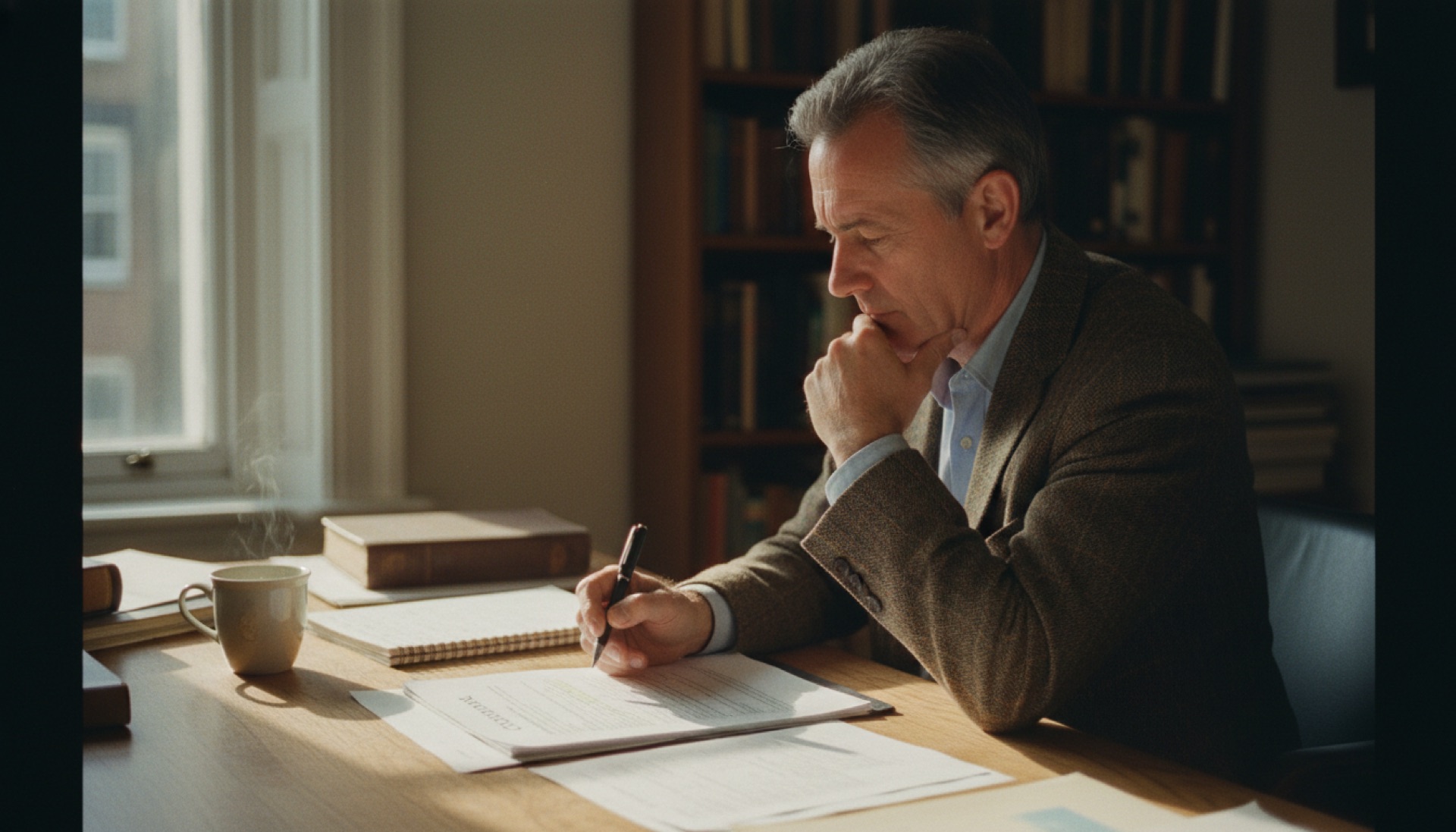 A person reviewing a document at a desk in a naturally lit office