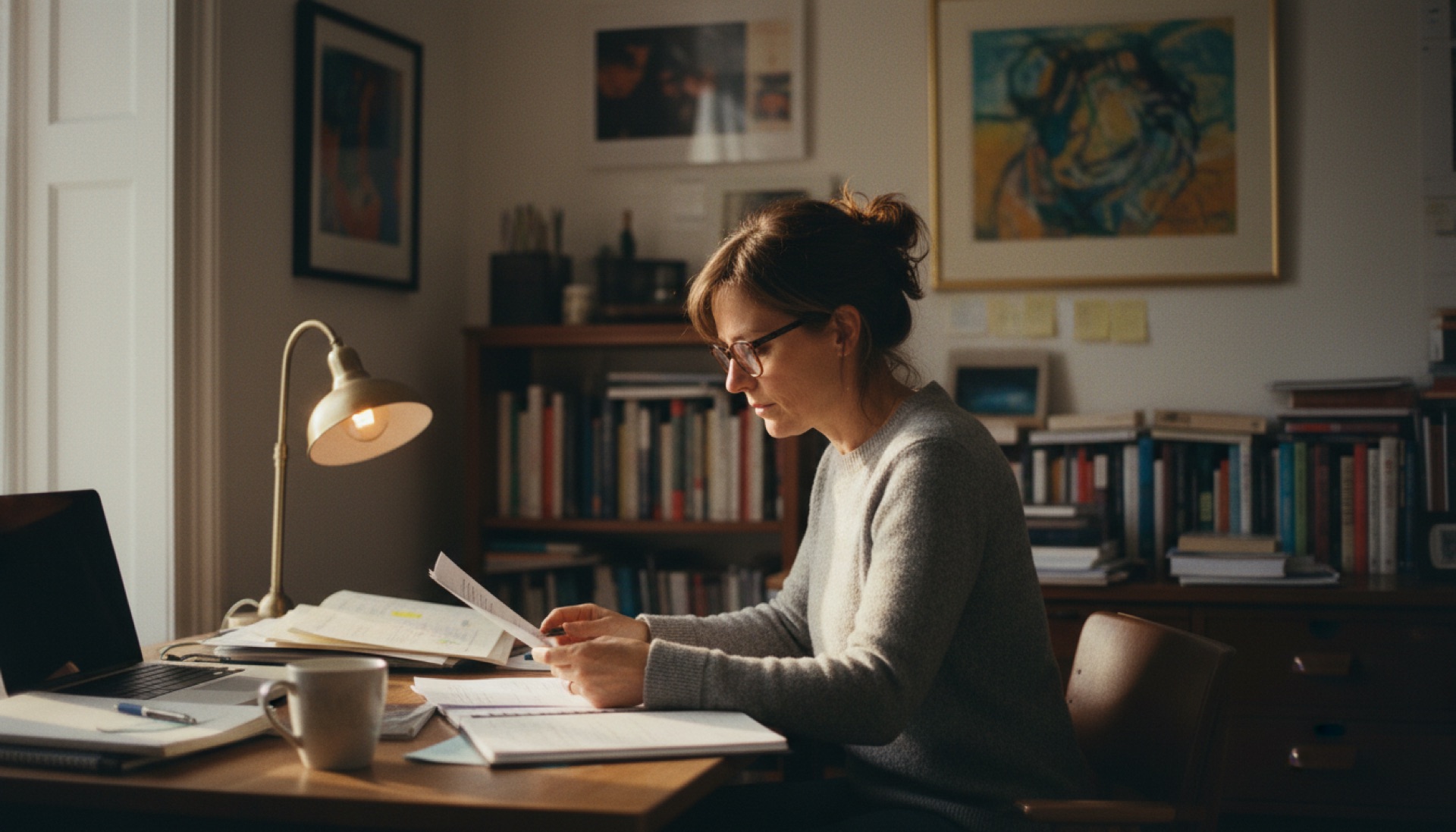 A founder sitting alone at a desk reviewing documents in afternoon light