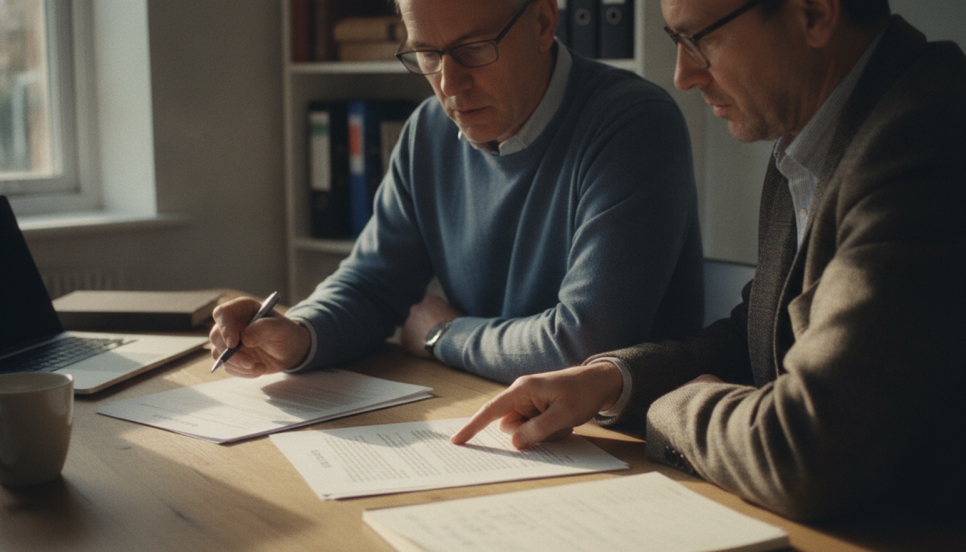 Two people comparing printed proposals at a desk in a small office
